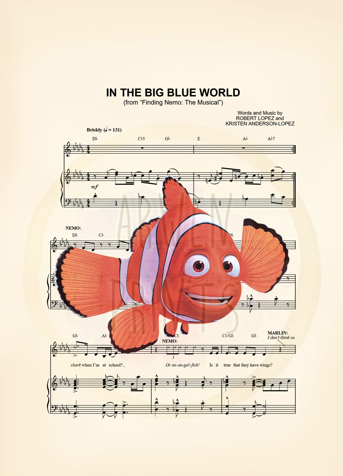Finding Nemo Marlin In The Big Blue World Sheet Music Wall Art — Disney Gift for Music Lovers