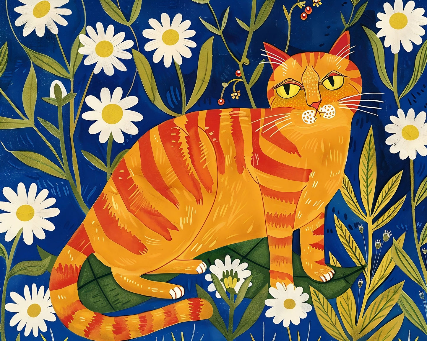 Cute Orange Cat With Ferns In Vintage Boho Style Art Print, Cat lovers Art, Floral piece