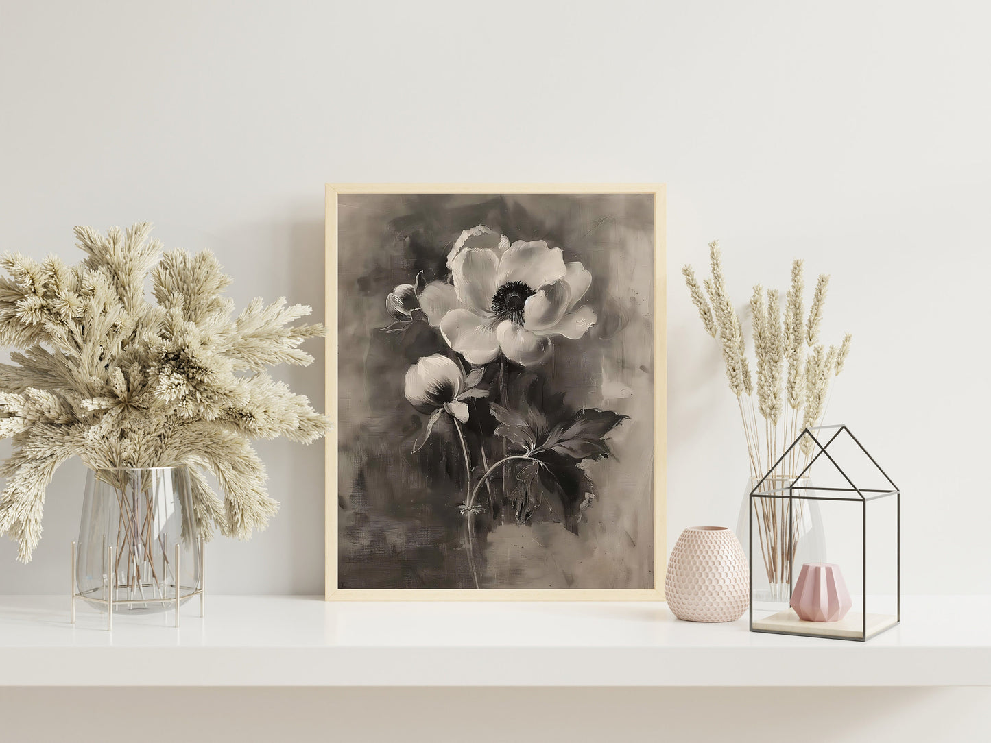 Black and White Flowers Painting Illustration Art Print