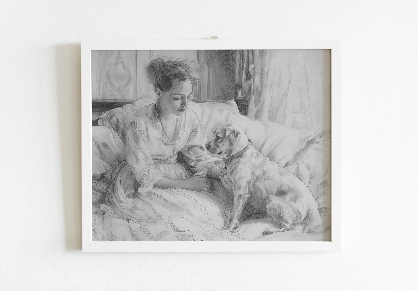 French Sepia Etching, A Woman and Her Faithful Dog, Vintage European Print, Girl With Dog Drawing Sketch Black And White Art Print