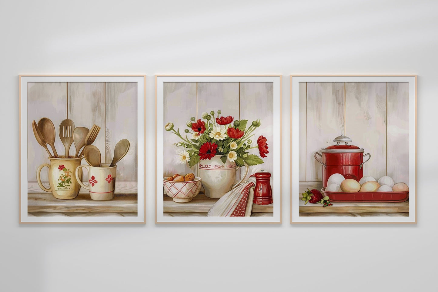 Kitchen Scenery With Flowers In Vase Botany Wall Decor Art Print Set, Red Kitchen Art