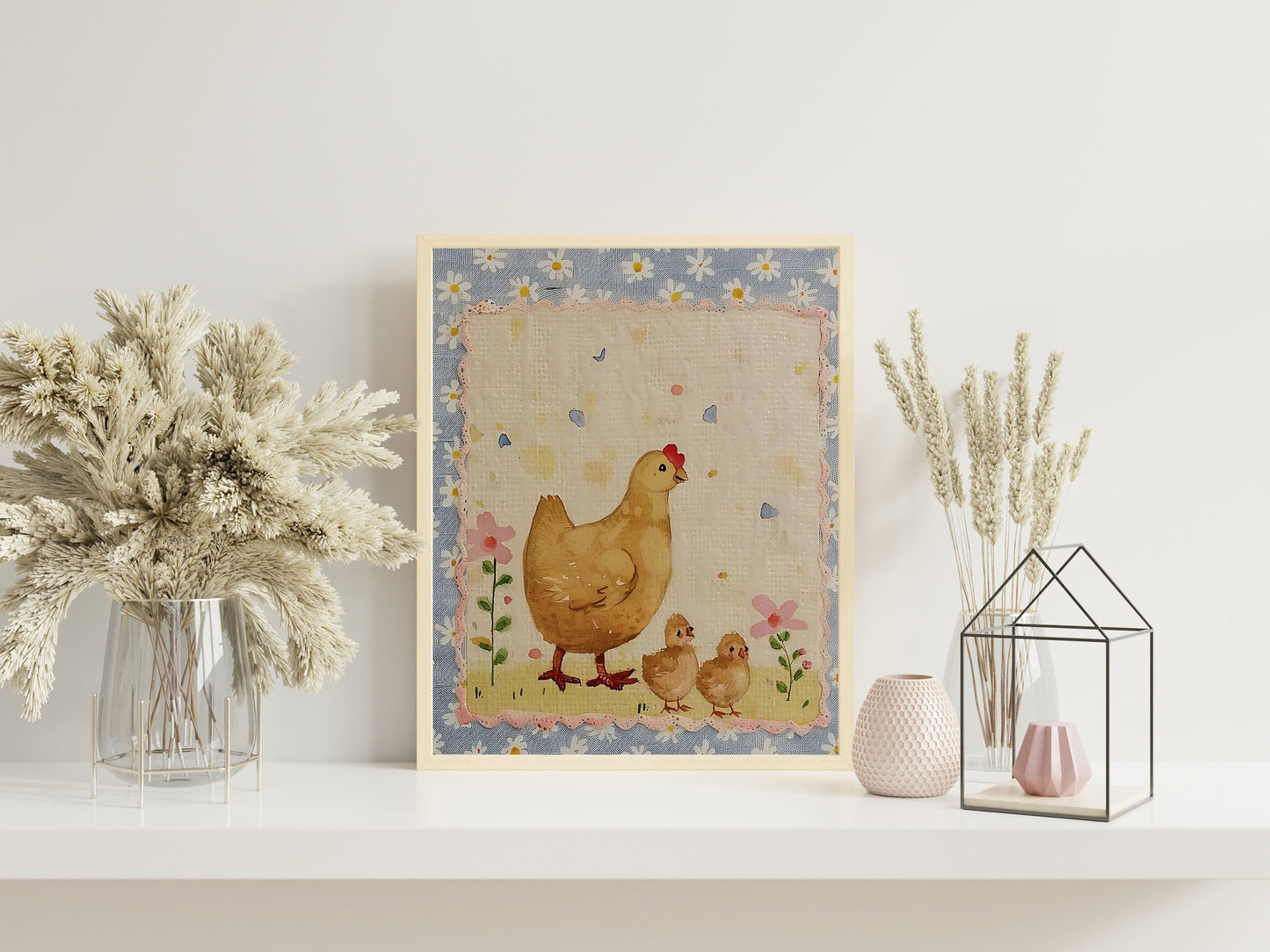 Farmhouse Hen With Daisies Art Print, Hen Art, Easter Art, Wall Decor, Hen Wall Decor, Easter Wall Decor