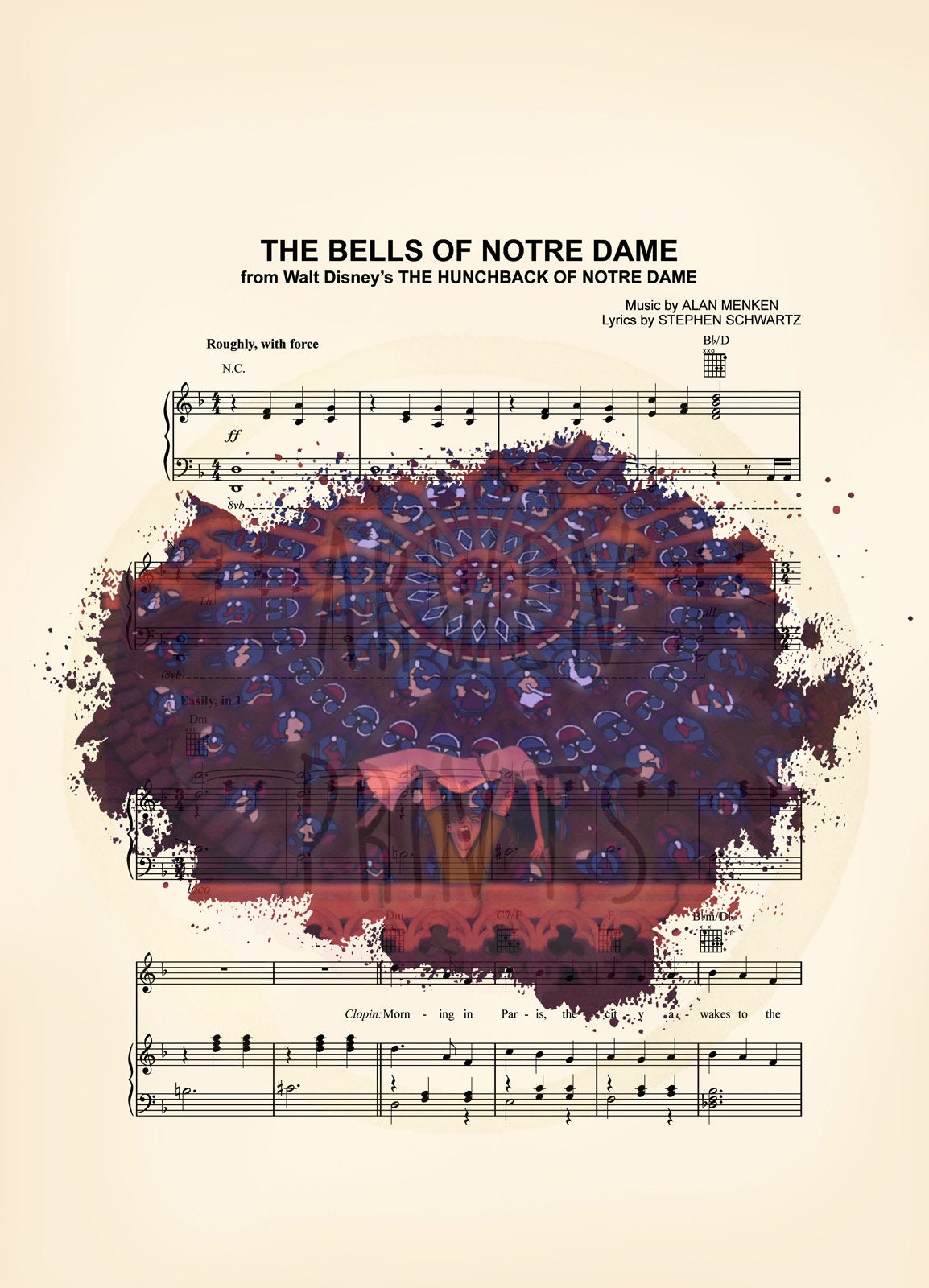 Hunchback of Notre Dame Quasimodo and Esmeralda Splatter Sheet Music Art Print