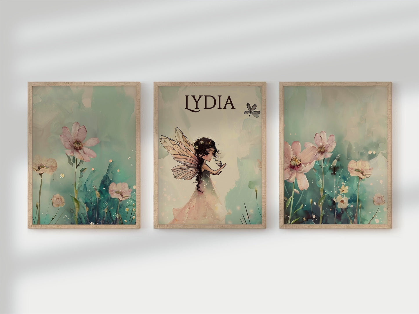 Custom Name Fairy and Flower Baby Nursery Art Print Set, Nursery Decor, Boho Art