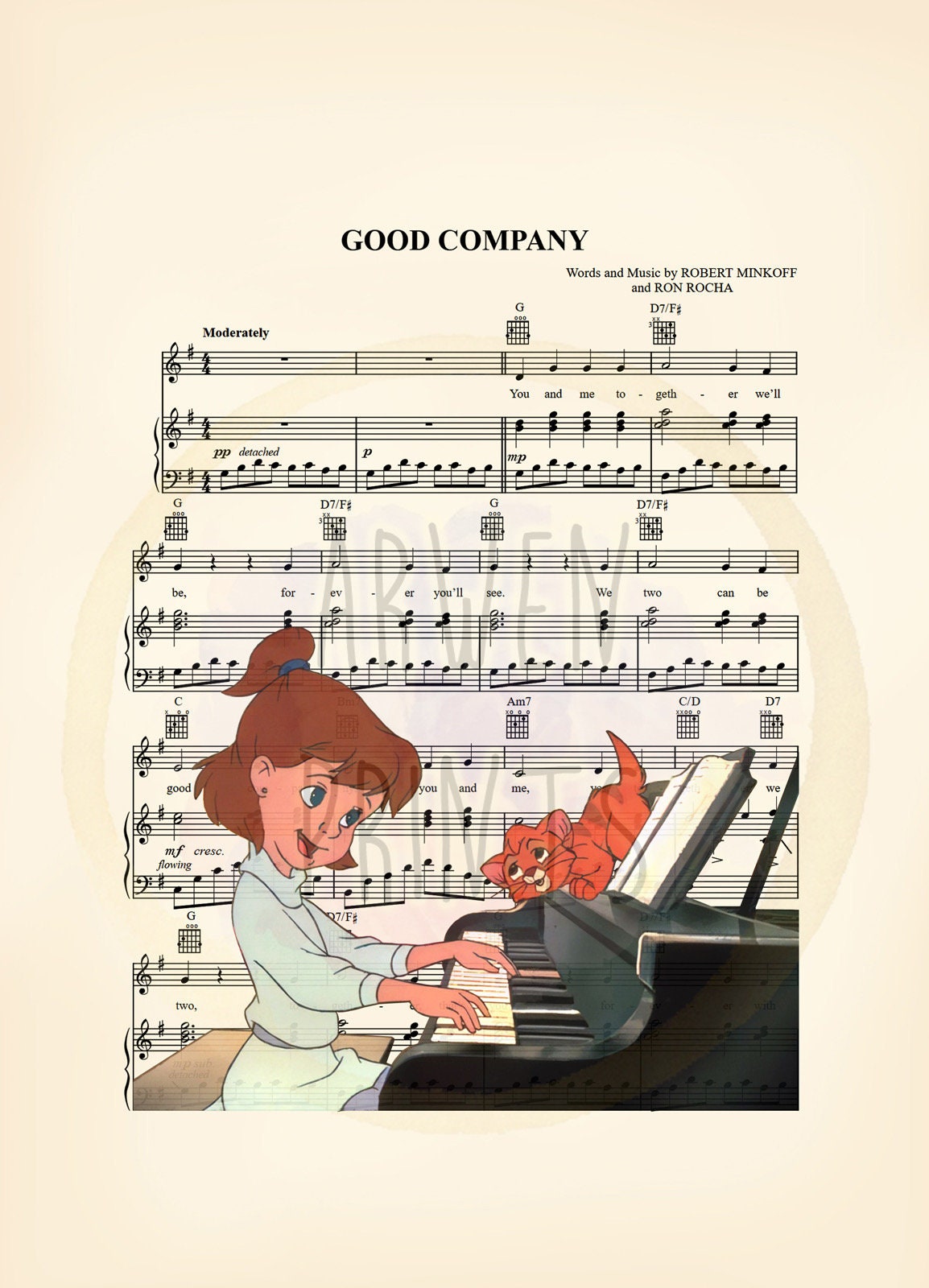 Oliver and Company Jenny and Oliver Good Company Sheet Music Wall Art — Disney Gift for Music Lovers