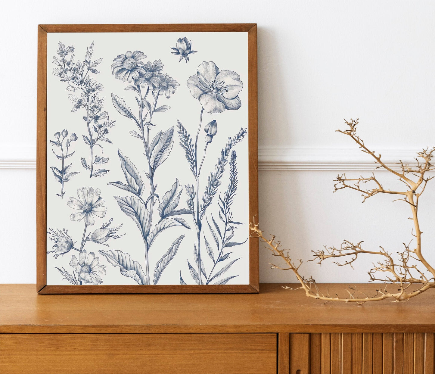 Chinoiserie Blue Botanical Wall Art 3 Piece Decor Minimalist Wall Art Botanical Print Set Blue Wild Flower Art for Home Decoration
