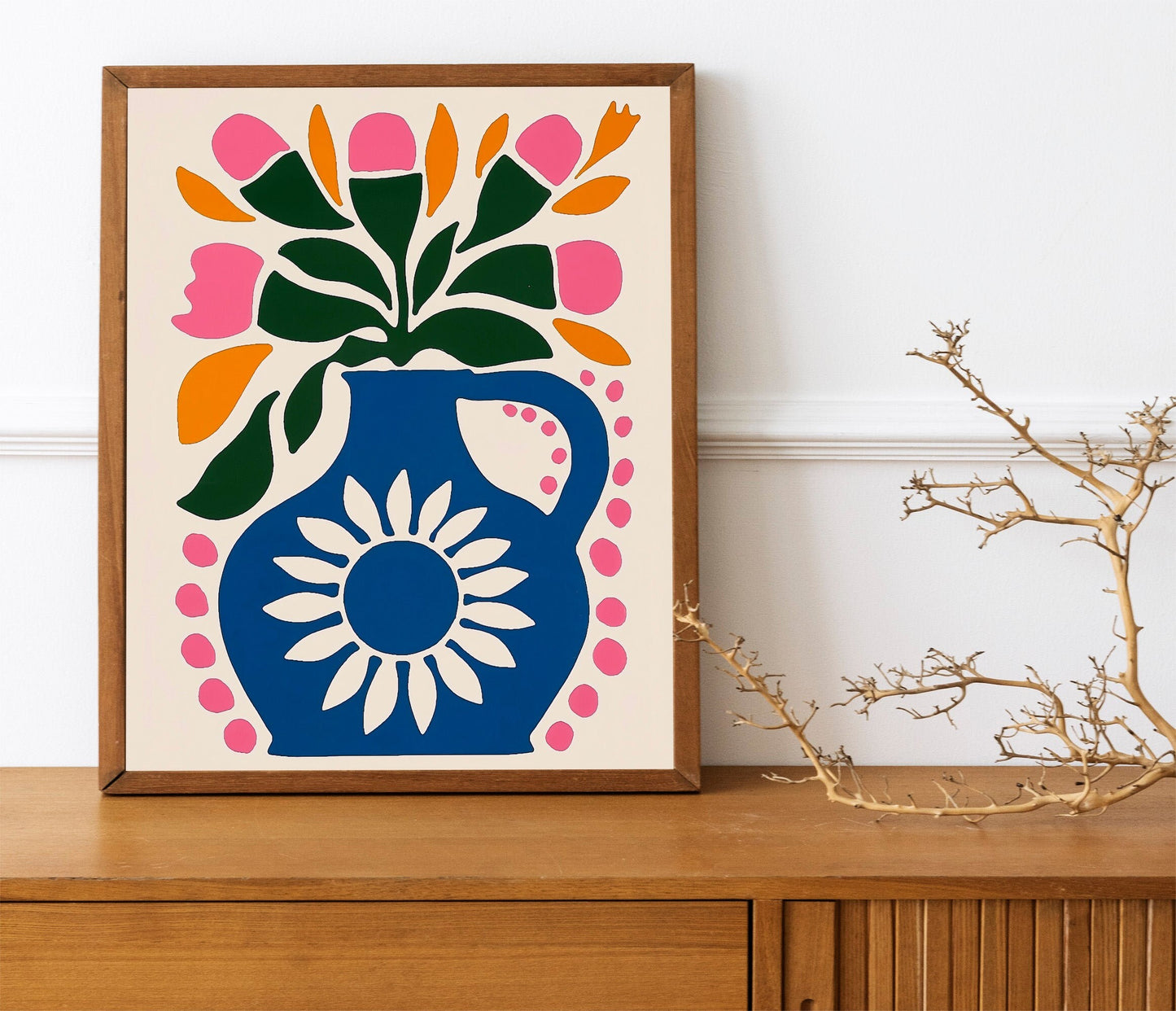 Botanical boho Vase Gallery Wall Art Abstract Pink Flower Print Vibrant Bright Colourful Wall Decor for Home Decoration