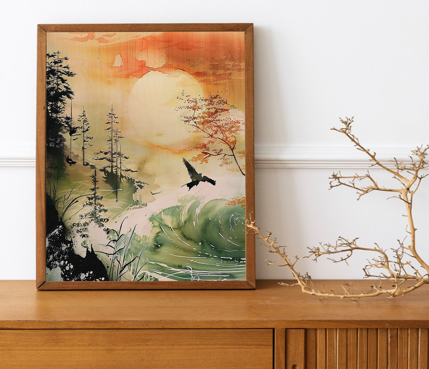 Set of 3 Japandi Décor Japanese Wall Art Prints Minimalist Green Mountain Landscape Japanese Art Prints Home Wall Decoration