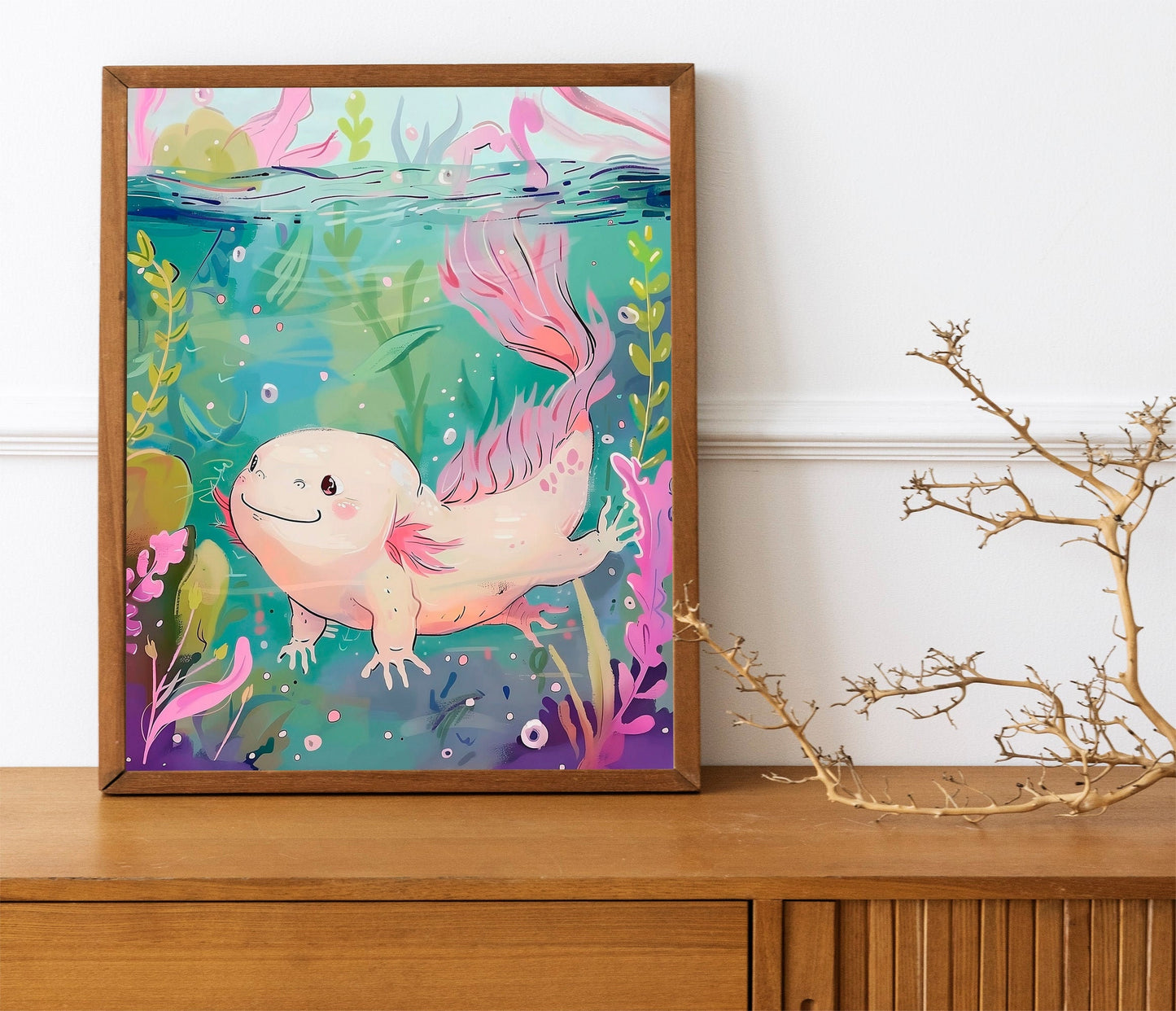 Cozy Wall Decor Adorable Kawaii Axolotl Art Print Handmade Illustration Cute Gift for Nature Enthusiasts