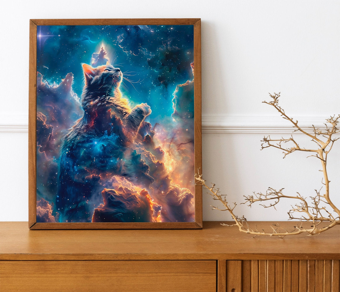 Cosmic Cliffs Cat Wall Art Celestial Artwork Vibrant Night Sky Print for Cat and Space Lovers with Crescent Moon Panoramic View