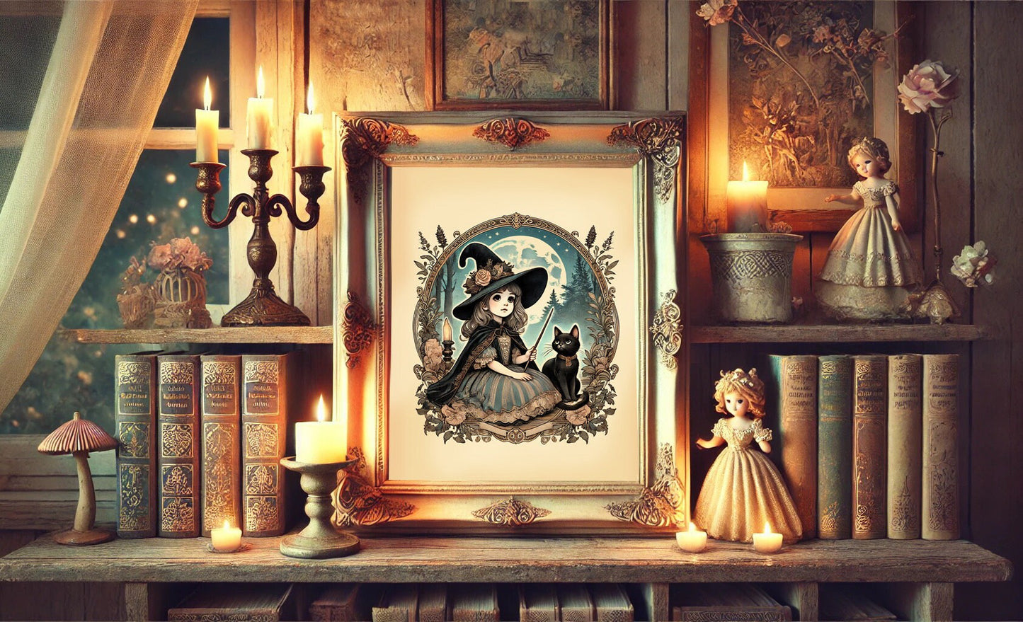 Halloween Vintage Young Witch in the Moonlight Art Print, Vintage Halloween, Vintage Halloween Illustration, Black Cat, Witch with Black Cat