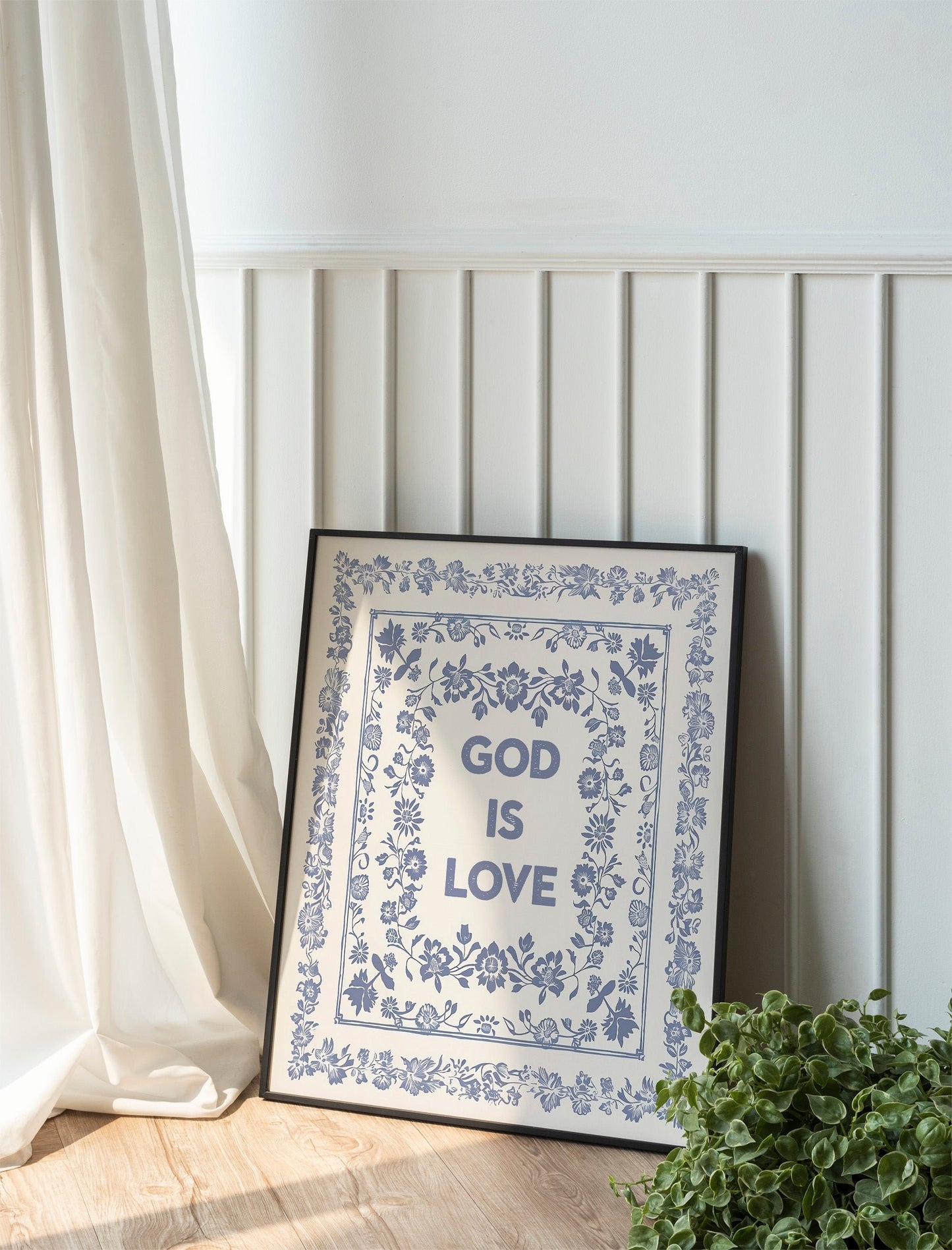 God Is Love Light Blue Square Print Vintage Minimalist Style Wall Art Kitchen Living Room Art Blue Thin Line Scripture Design