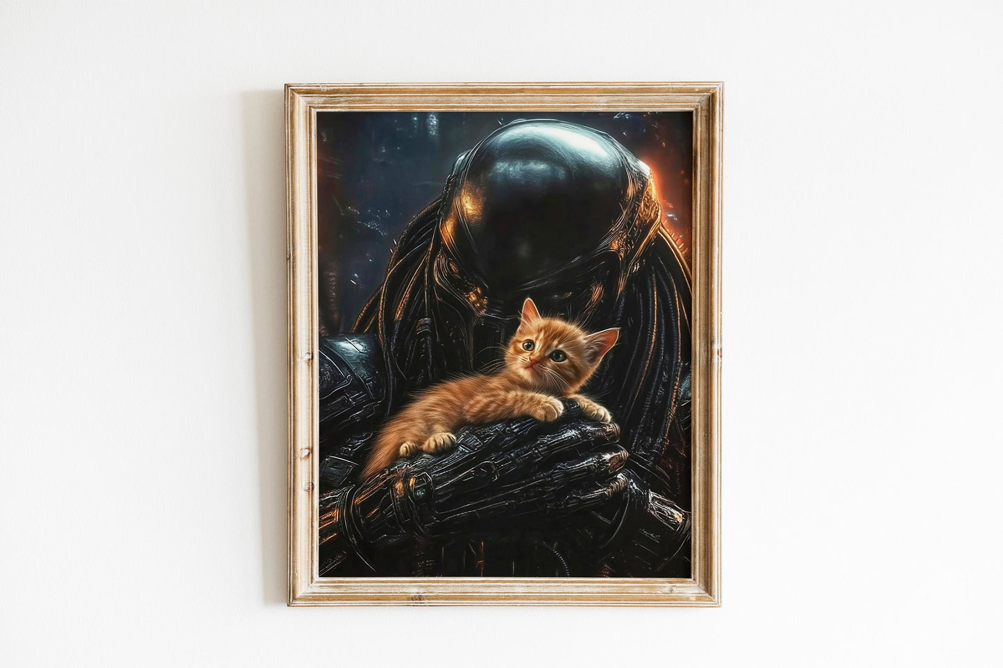 Predator Alien with Jonesy Cat Art Print, Cute Horror Poster for Sci-Fi Fans, Fun Alien and Cat Illustration, Quirky Gift for Fans of Aliens