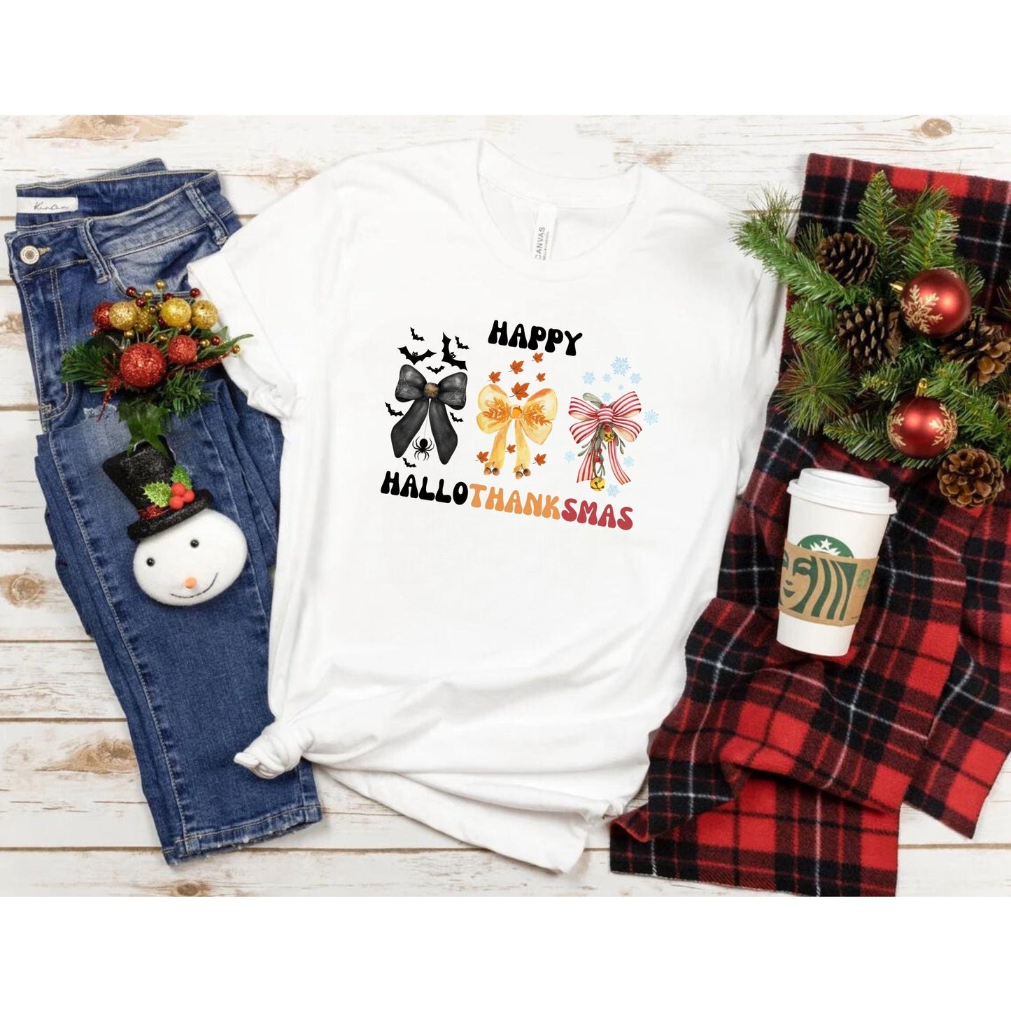 Hallothanksmas Coquette bow Shirt - Happy Hallothanksmas T shirt - Christmas Coquette bow - Halloween Coquette bow