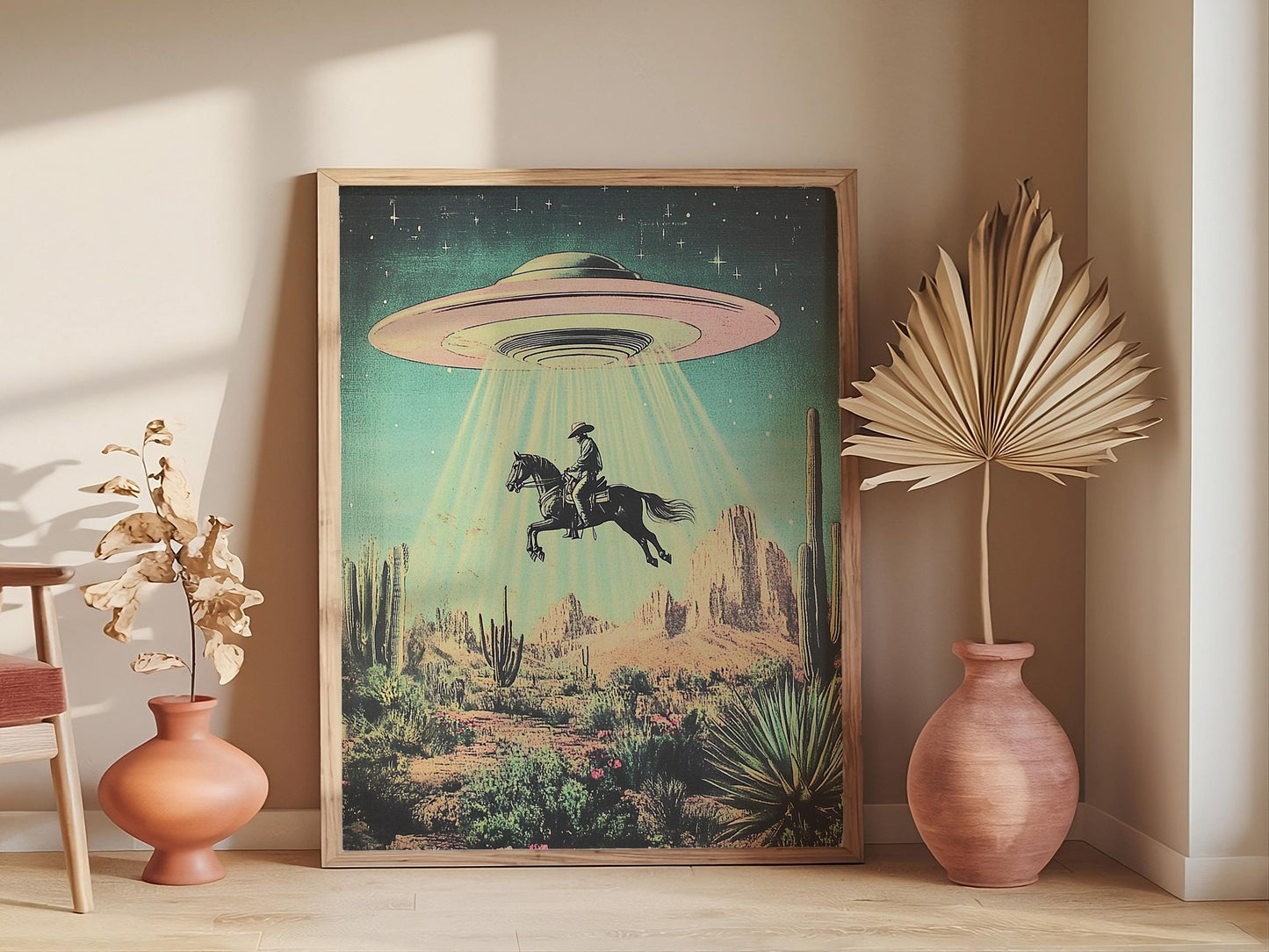 UFO Cowboy Fine Art, Western Americana Retro Sci-Fi Poster Print, Flying Saucer Alien Wall Art, Perfect for Horse Desert Floral Home Decor