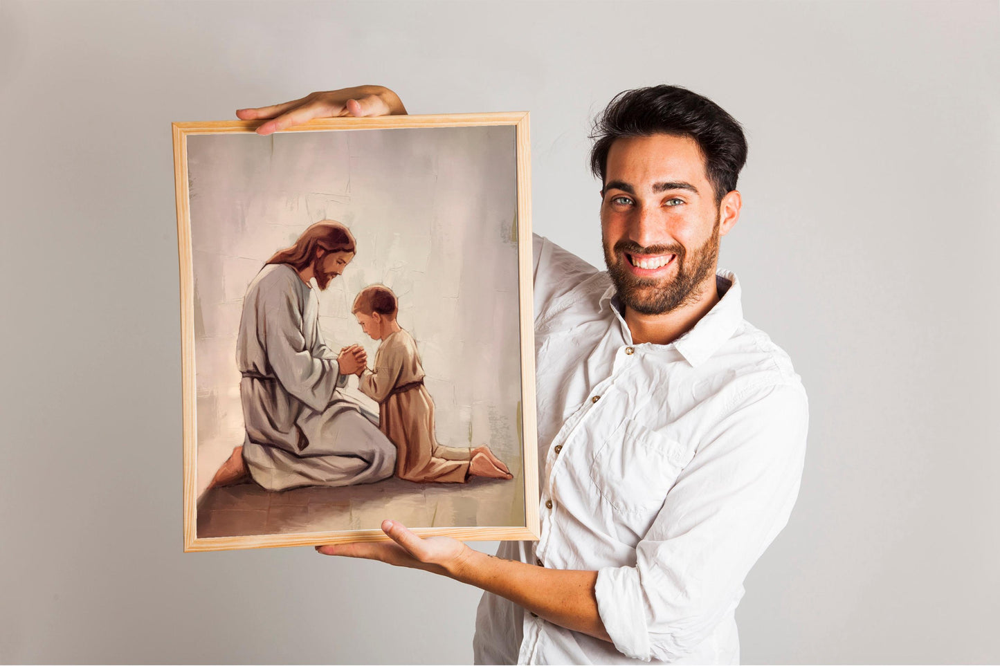 Bible Wall Art, Modern Christian Art, Jesus and child kneeling, Jesus Portrait, LDS Art, Jesus and child Holding Hands