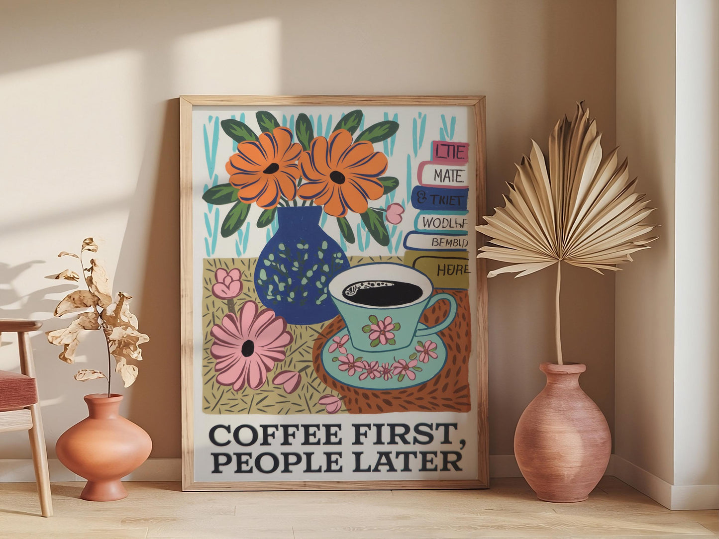 Coffee First Retro Wall Art, Perfect Downloadabl e Print for Maximalist Kitchen Decor or a Trendy Coffee Cart Gift for Friends