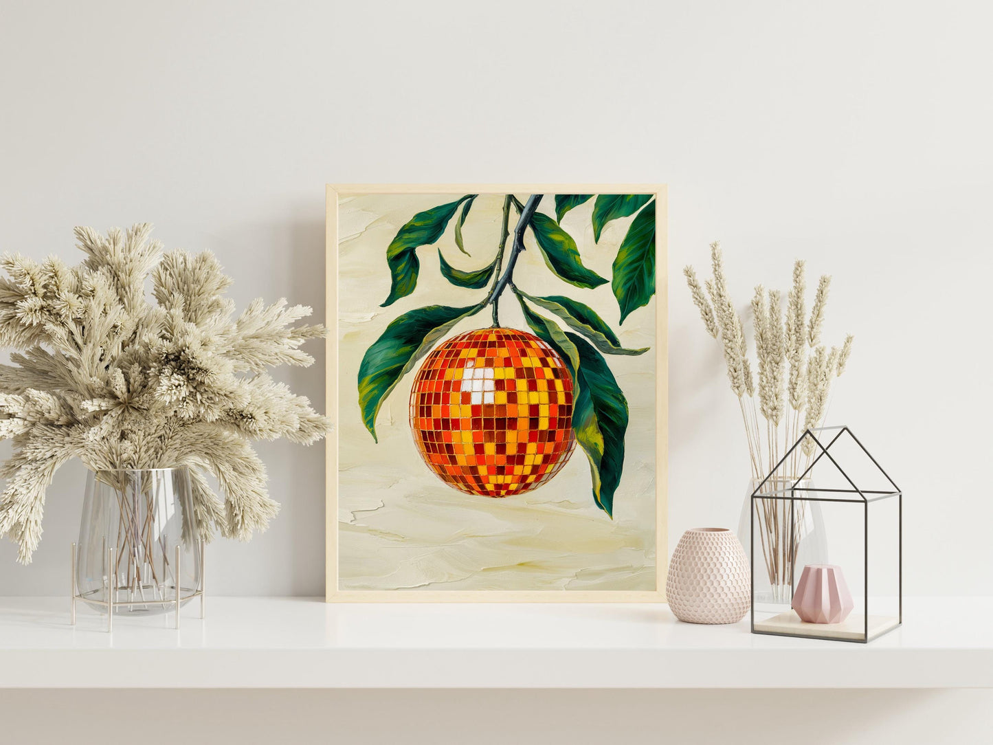 Retro Orange Disco Mirror Ball Print, Funky Citrus Fruit Art, Bar Cart Decor, Preppy Wall Art for Fun Home Spaces, Gift Idea for Trendy
