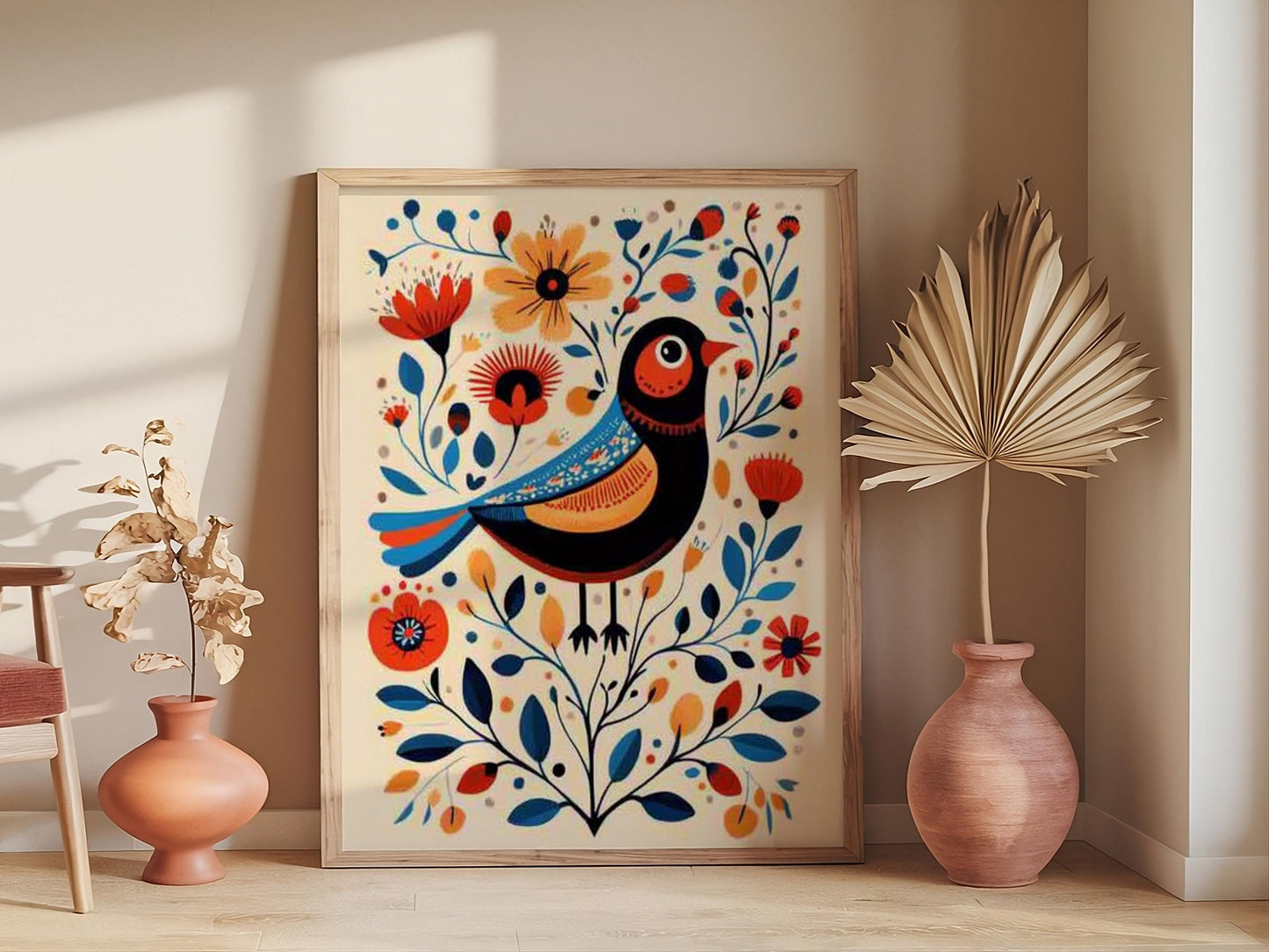 Scandinavian Folk Art Prints, Set of 2 Nordic Bird and Floral Posters, Bedroom or Cafe Wall Decor.