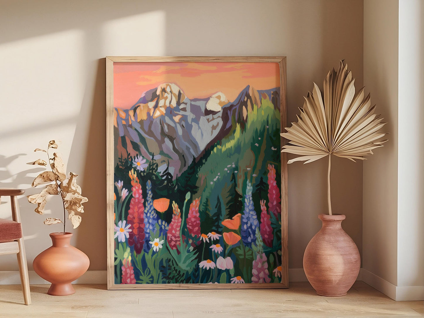 Boho Daisy Prints, Earth Tone Sunset Landscapes, Digital Download Wildflower Art Prints