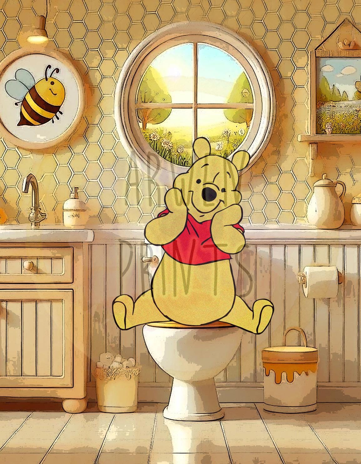 Winnie the Pooh on Toilet Bathroom Art Print, Pooh Bathroom Art, Cute Bathroom Print, Funny Bathroom Decor, Pooh Bear Bathroom Wall Art