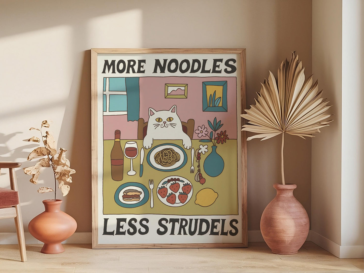 Spaghetti Cat Poster, Retro Diner Print, Italian Kitchen Wall Art, Unique Bistro Pasta Decor