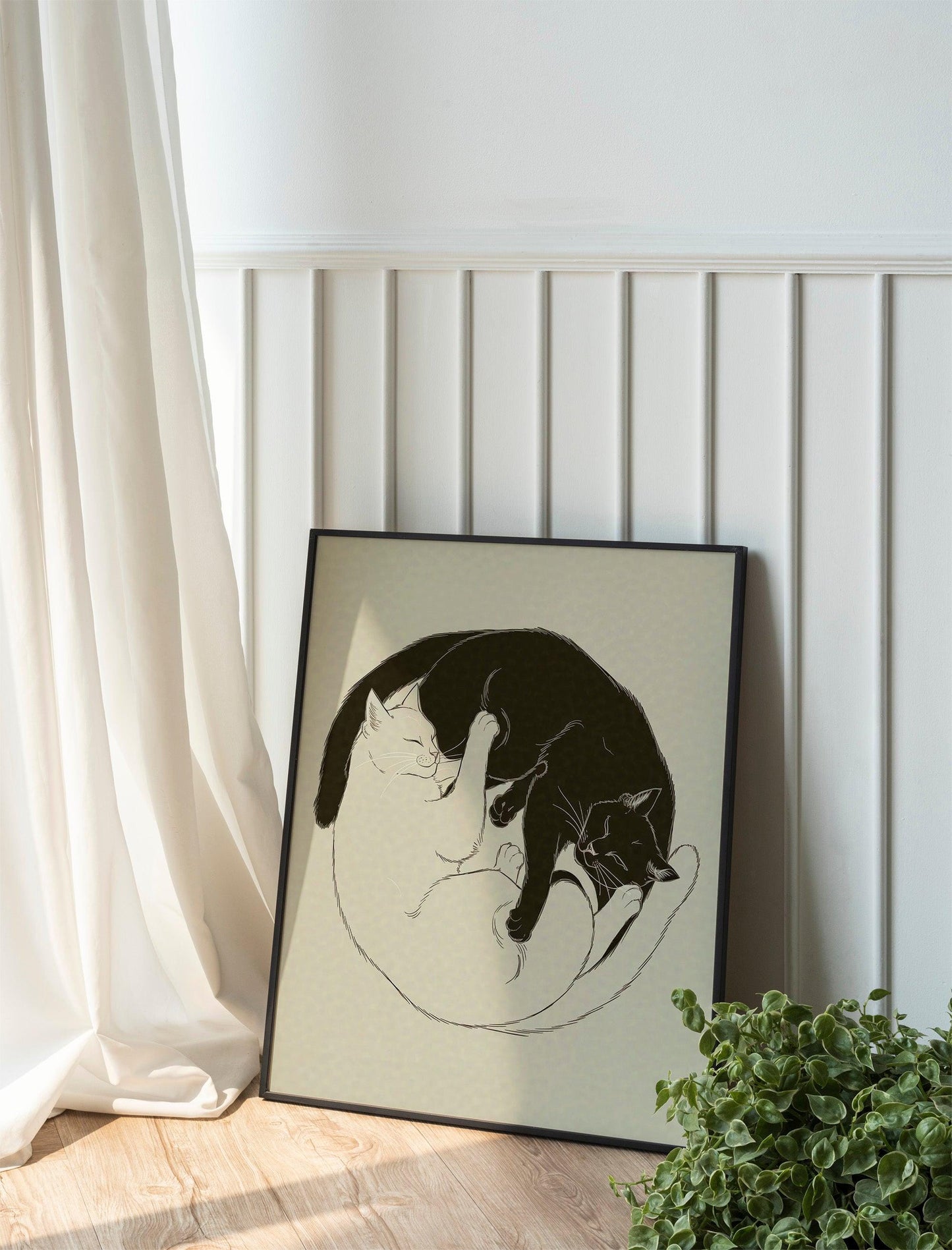 Yin and Yang Cats Print, Funny Pets, Boho Art Painting Framed Poster Canvas Cute Black Cat Lover Gift Eclectic Minimalist Wall Art Home