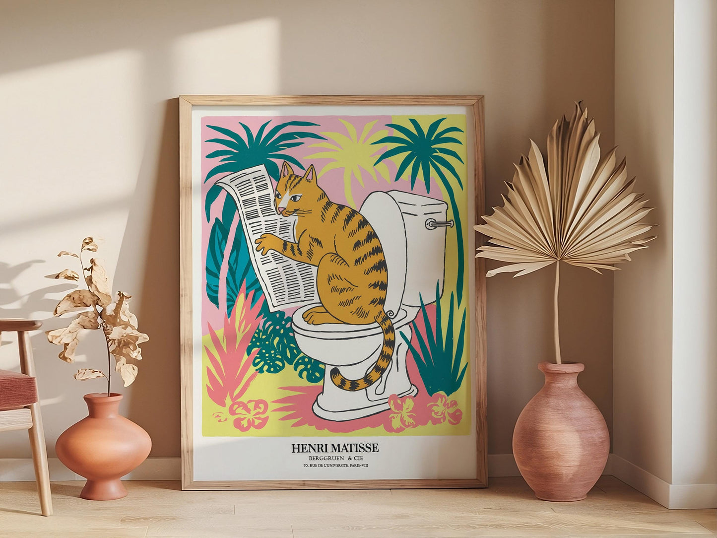Funny bathroom wall art, Matisse print, Pink dopamine decor, Mid century modern art, Tabby cat on a toilet