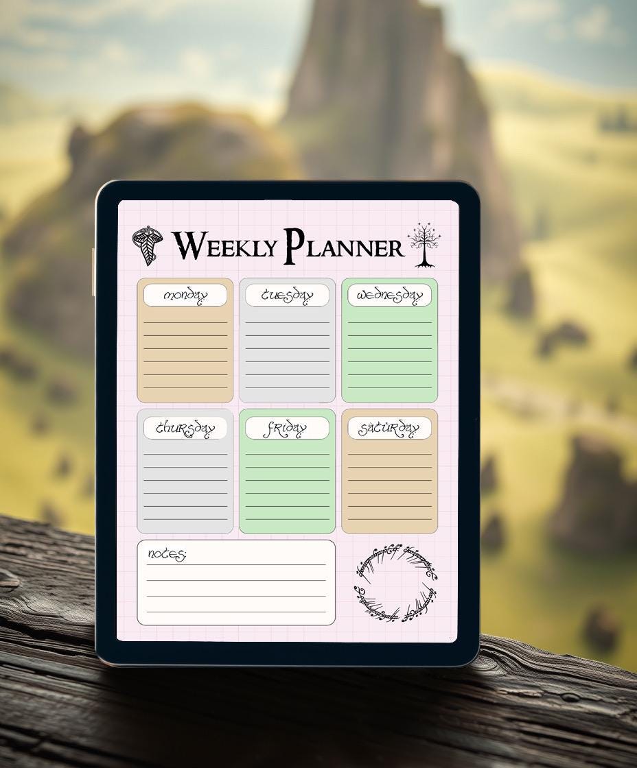 Lord of the Rings Weekly Planner - Digital Weekly Planner - Cool Digital Planner - Tolkien Themed Planner - Weekly Planner Instant Download