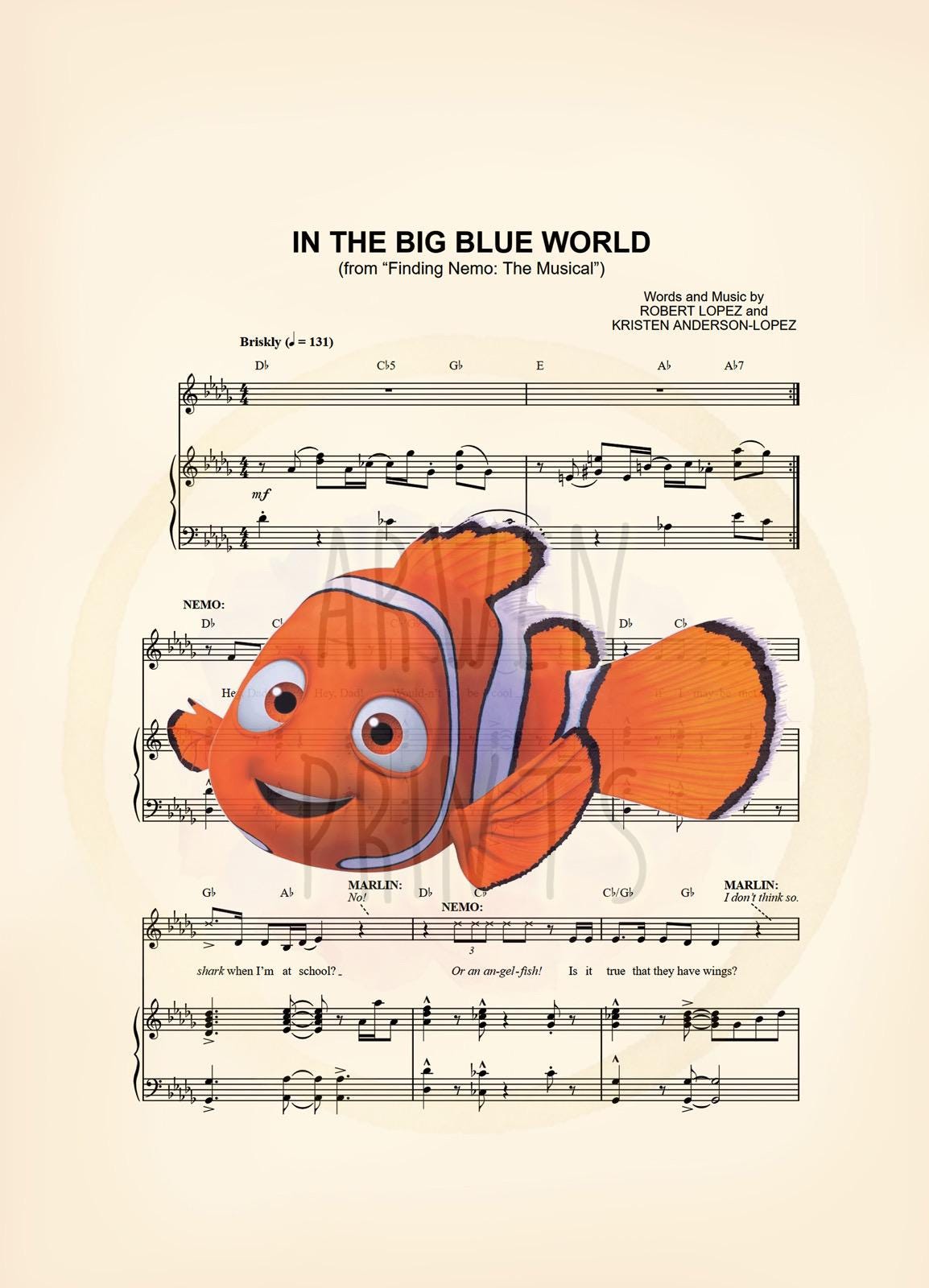 Finding Nemo In the Big Blue World Sheet Music Wall Art — Disney Gift for Music Lovers