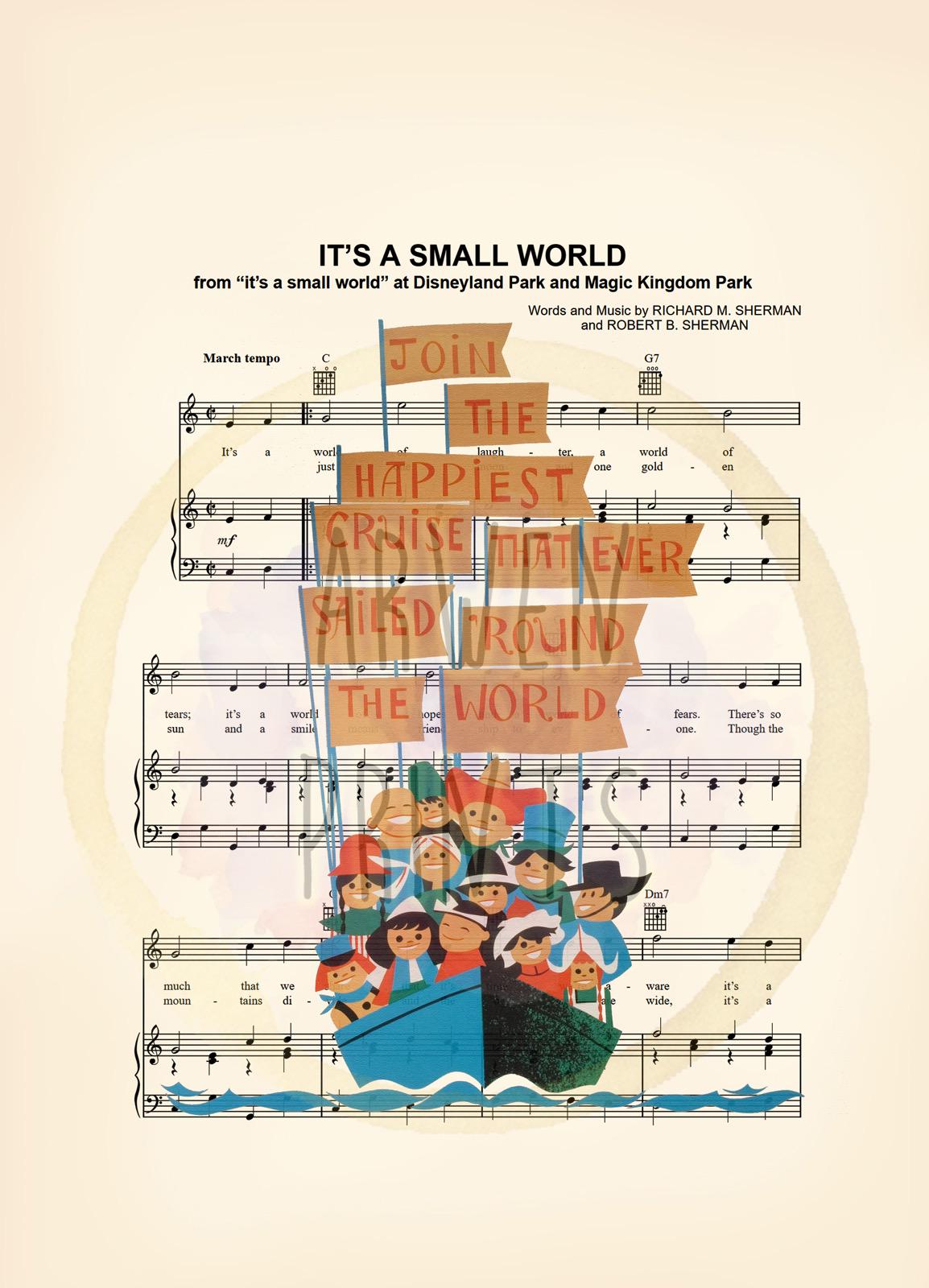 It's A Small World Boat Boys and Girls Sheet Music Art Print - Happiest Cruise That Ever Sailed ‘Round the World - Disneyland Ride Art