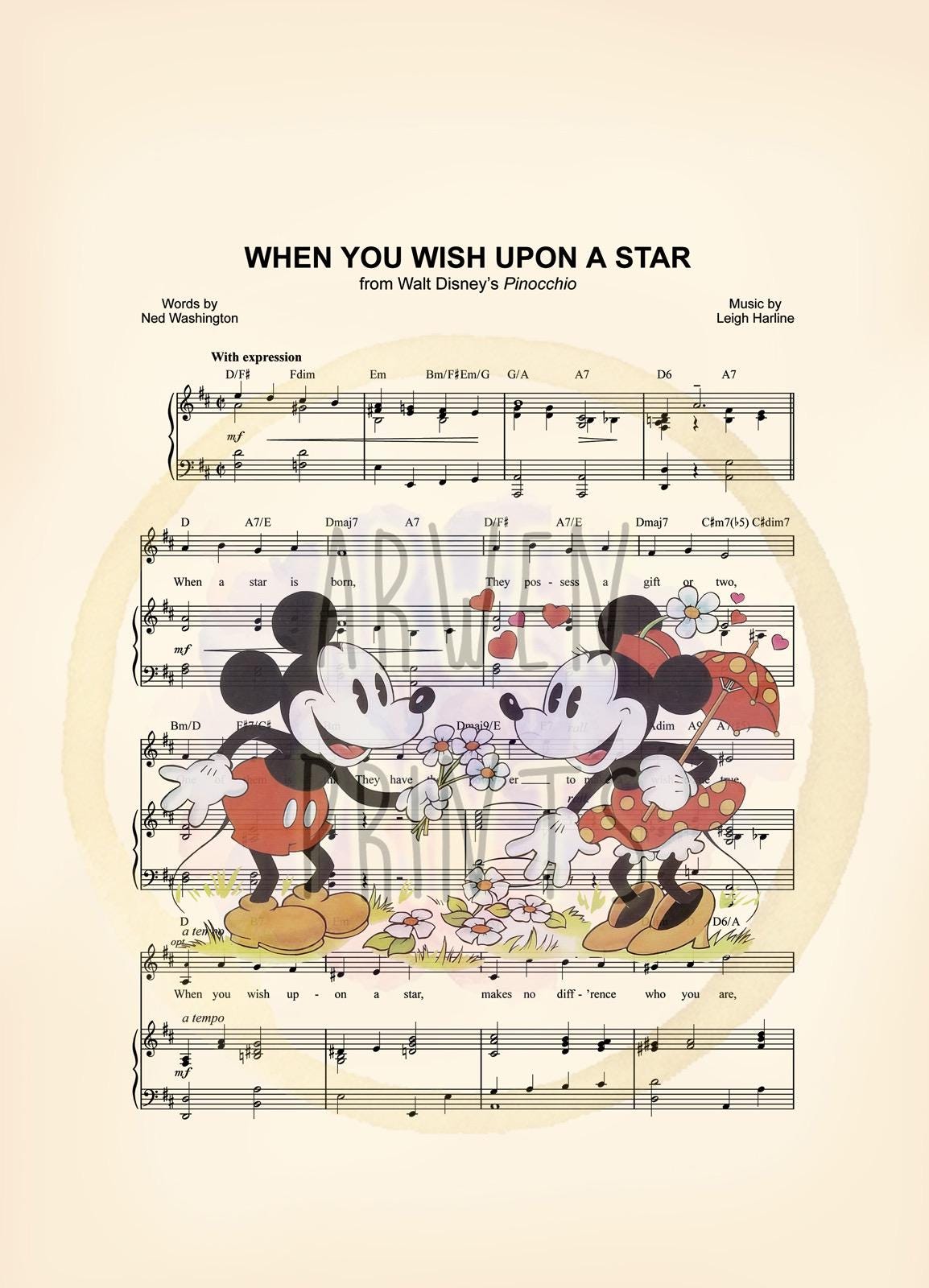 Mickey and Minnie Flowers Sheet Music Art Print