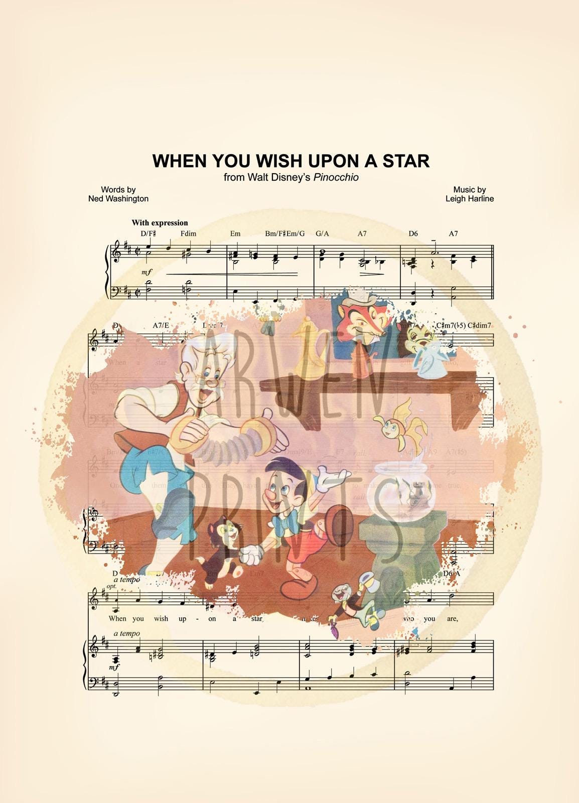 Pinocchio Splatter When You Wish Upon A Star Sheet Music Art Print