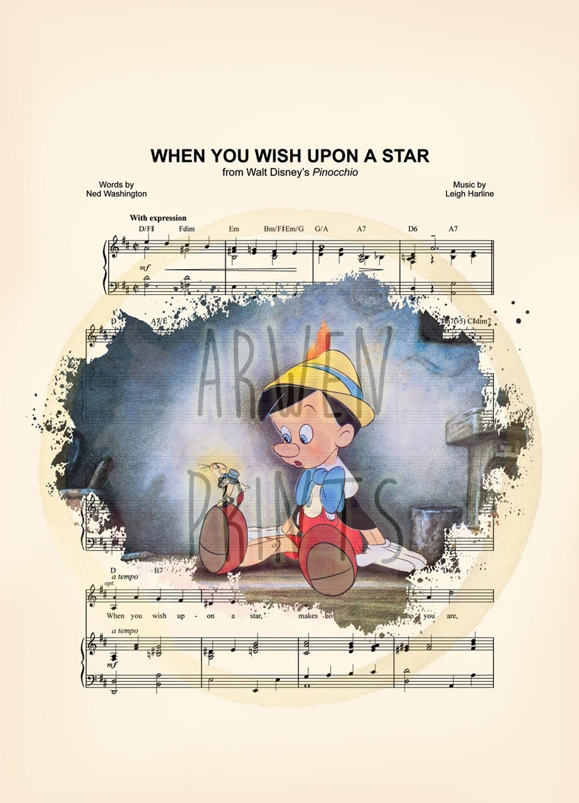 Pinocchio and Jiminy Cricket Splatter When You Wish Upon A Star Sheet Music Art Print