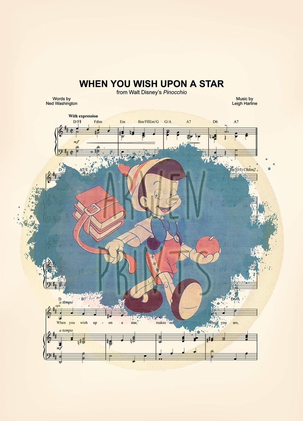 Pinocchio Walking to School Splatter Vintage When You Wish Upon A Star Sheet Music Art Print