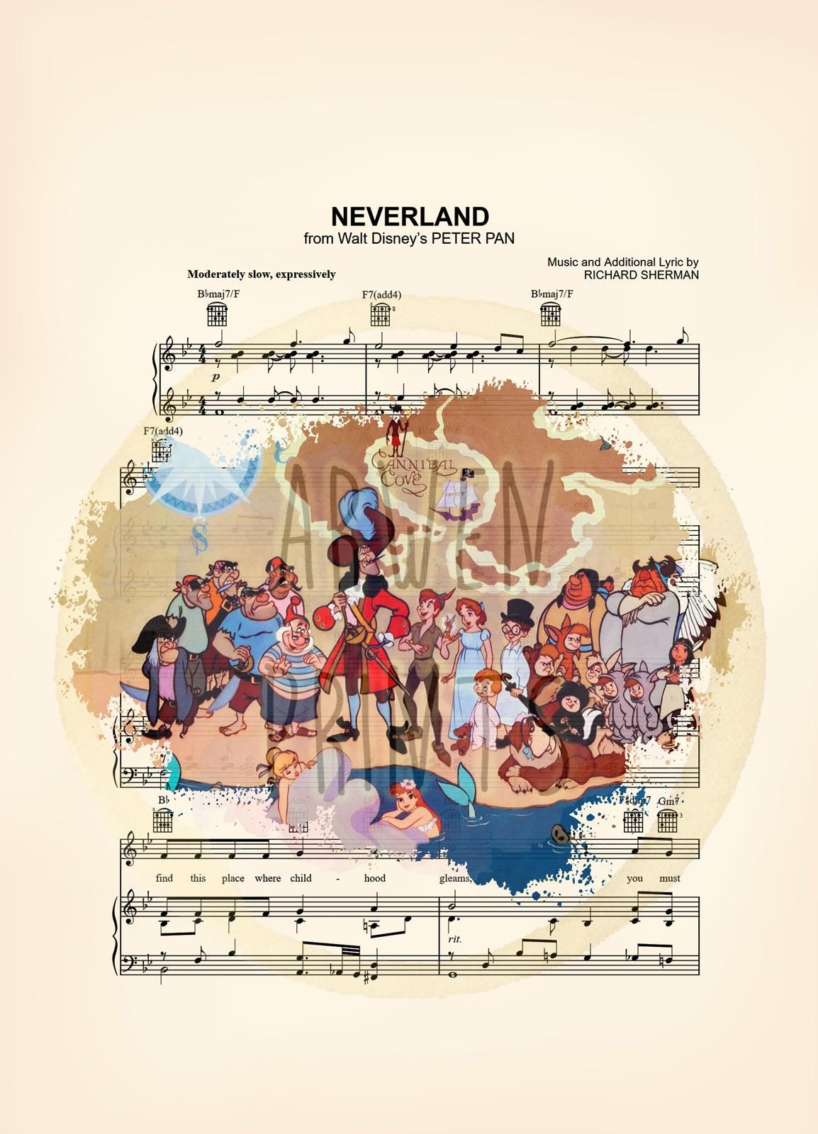 Peter Pan Characters on Map Neverland Sheet Music Art Print