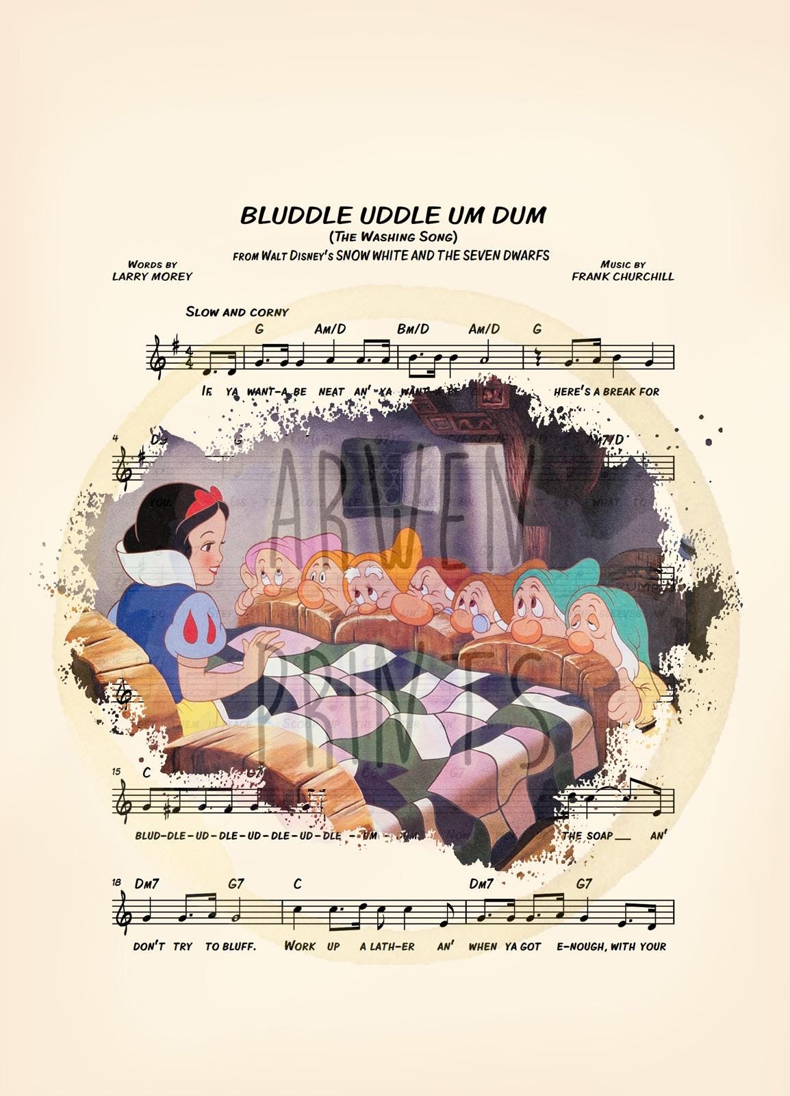 Snow White and the Seven Dwarfs Vintage Bluddle Uddle Um Dum Sheet Music Wall Art — Disney Gift for Music Lovers