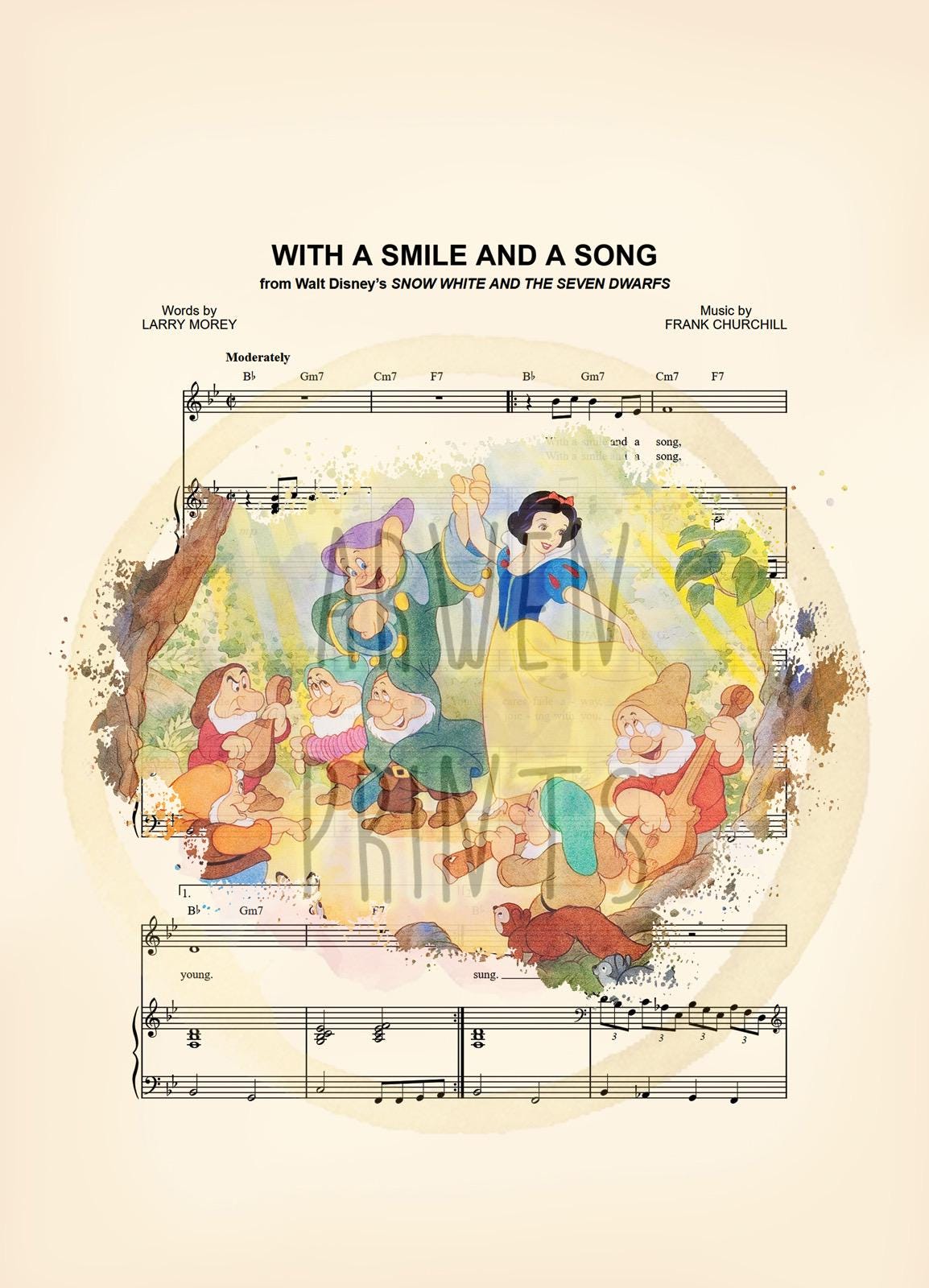 Snow White and the Seven Dwarfs With A Smile And A Song Sheet Music Art Print