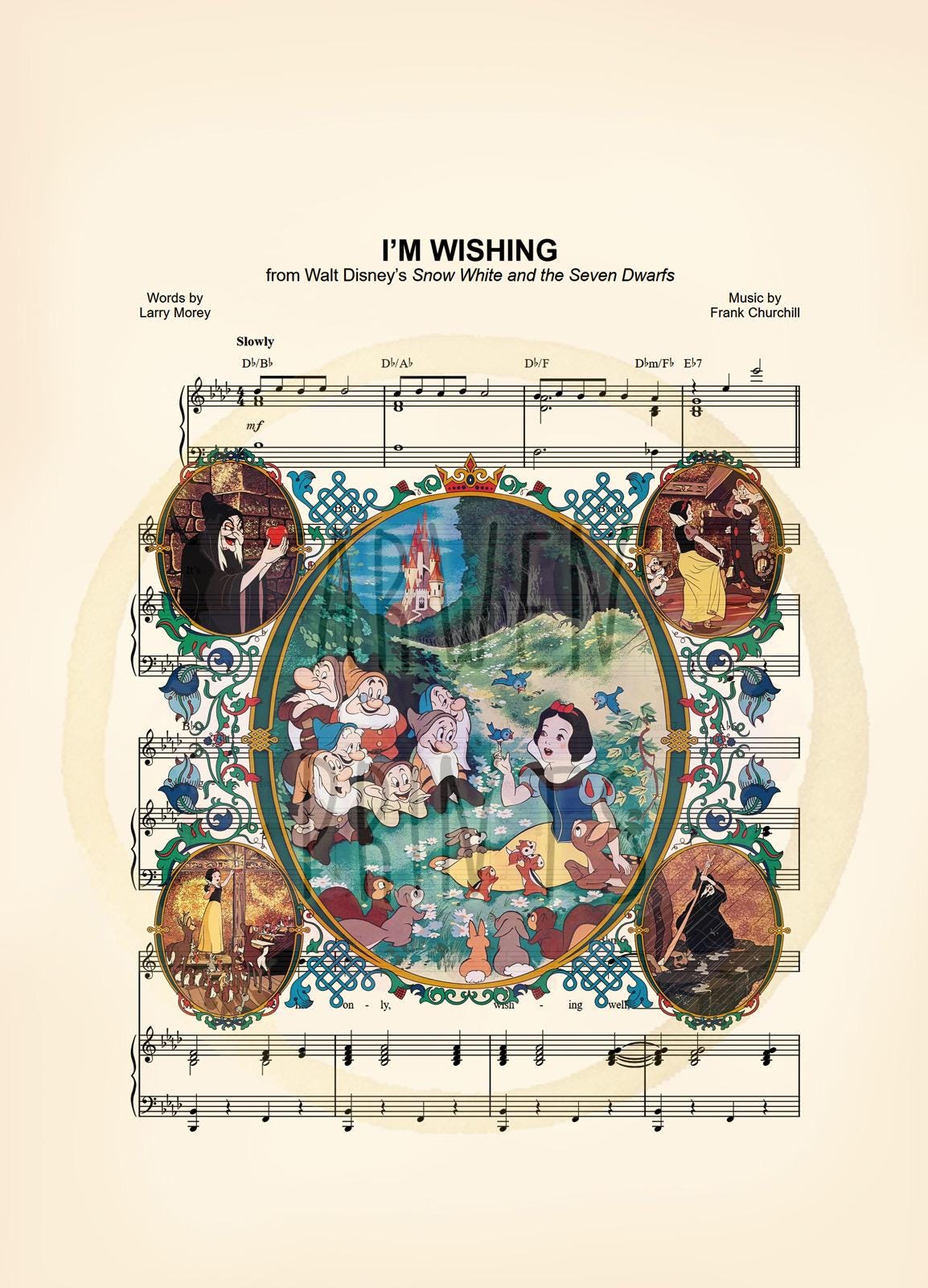 Snow White Movie Scenes Vintage I’m Wishing Sheet Music Art Print