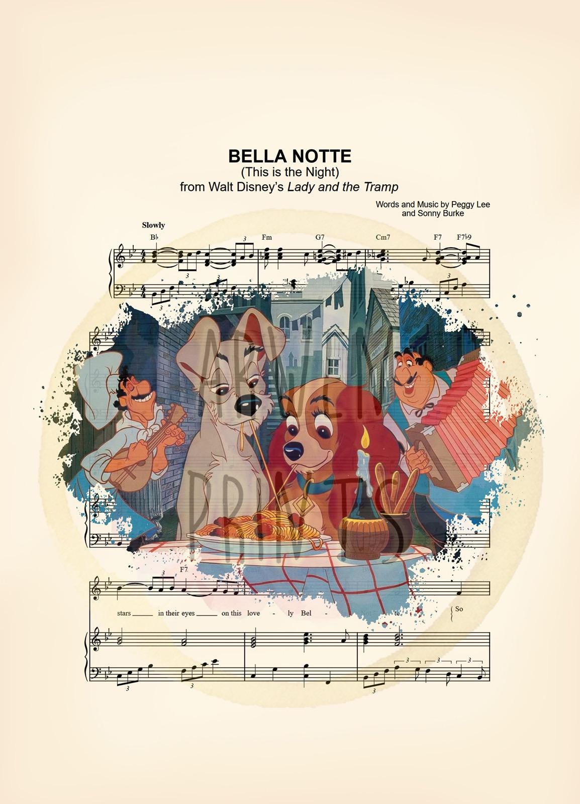 Lady and the Tramp Dinner Splatter Bella Notte Sheet Music Art Print
