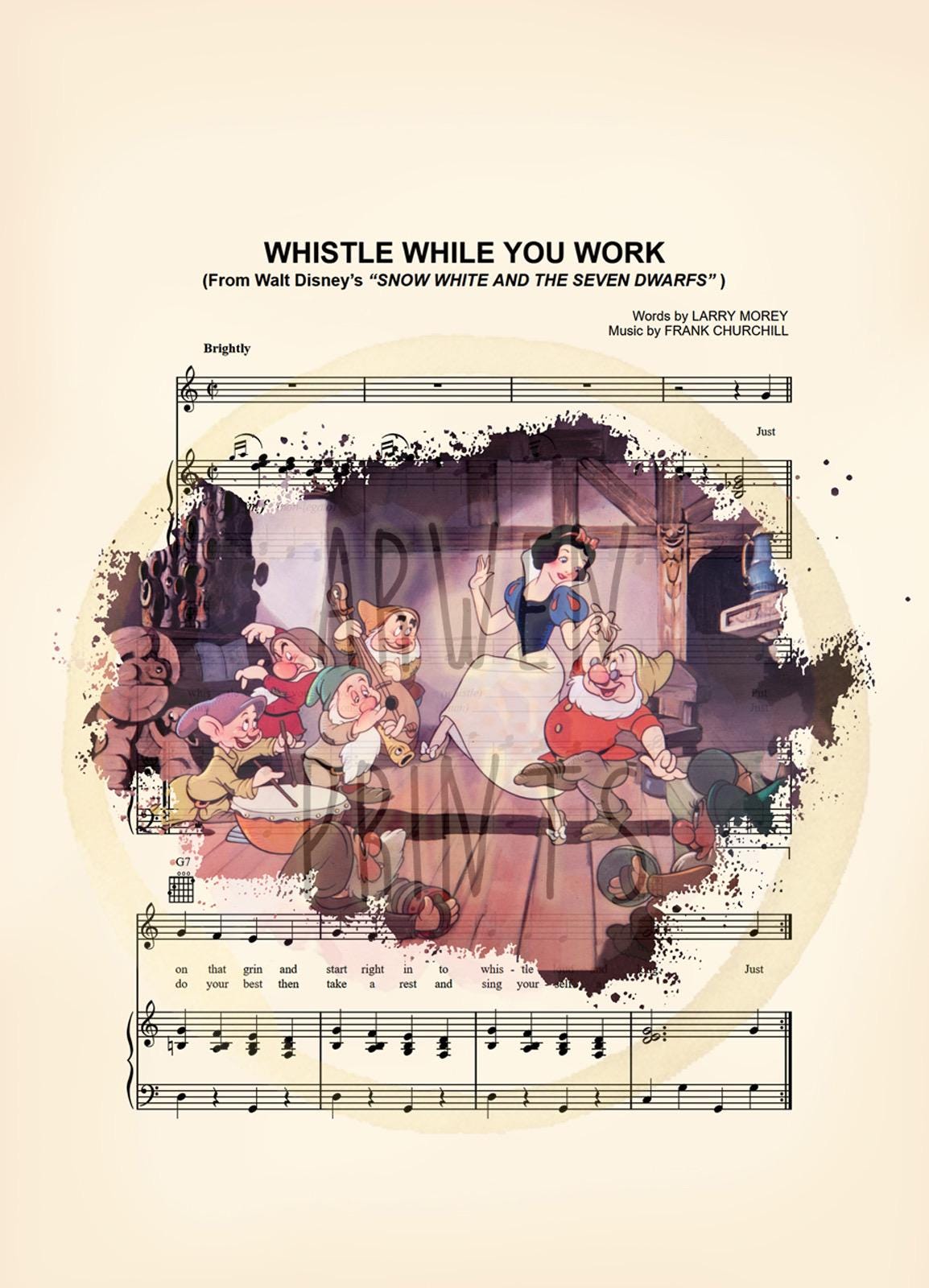 Snow White and the Seven Dwarfs Vintage Whistle While You Work Sheet Music Wall Art — Disney Gift for Music Lovers