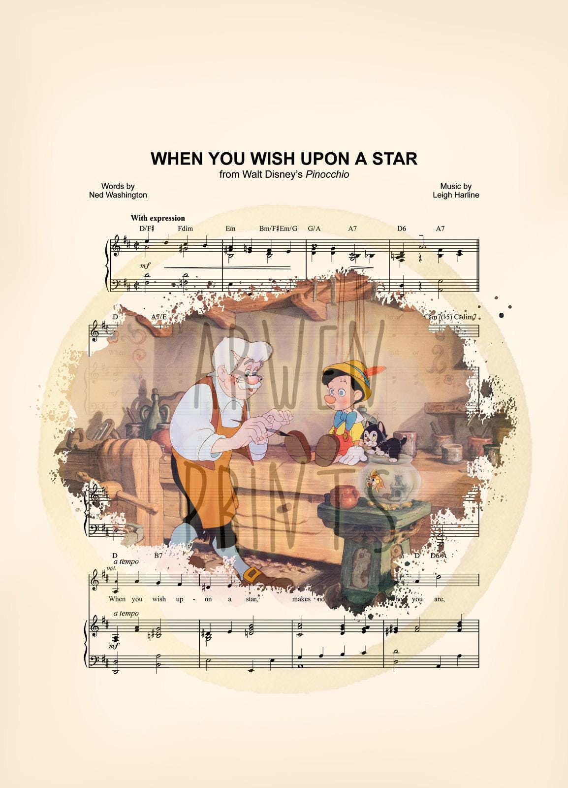 Pinocchio Geppetto’s Workbench When You Wish Upon A Star Sheet Music Art Print