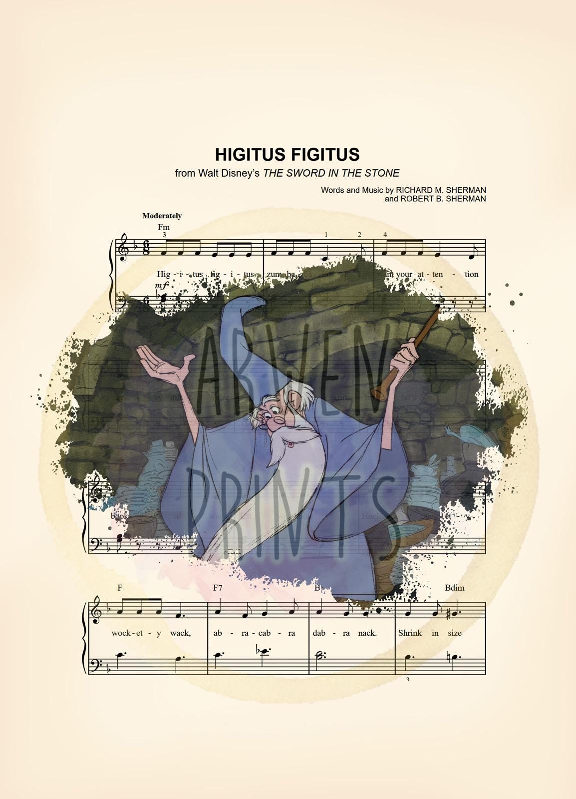 Sword in the Stone Merlin Splatter Higitus Figitus Sheet Music Art Print