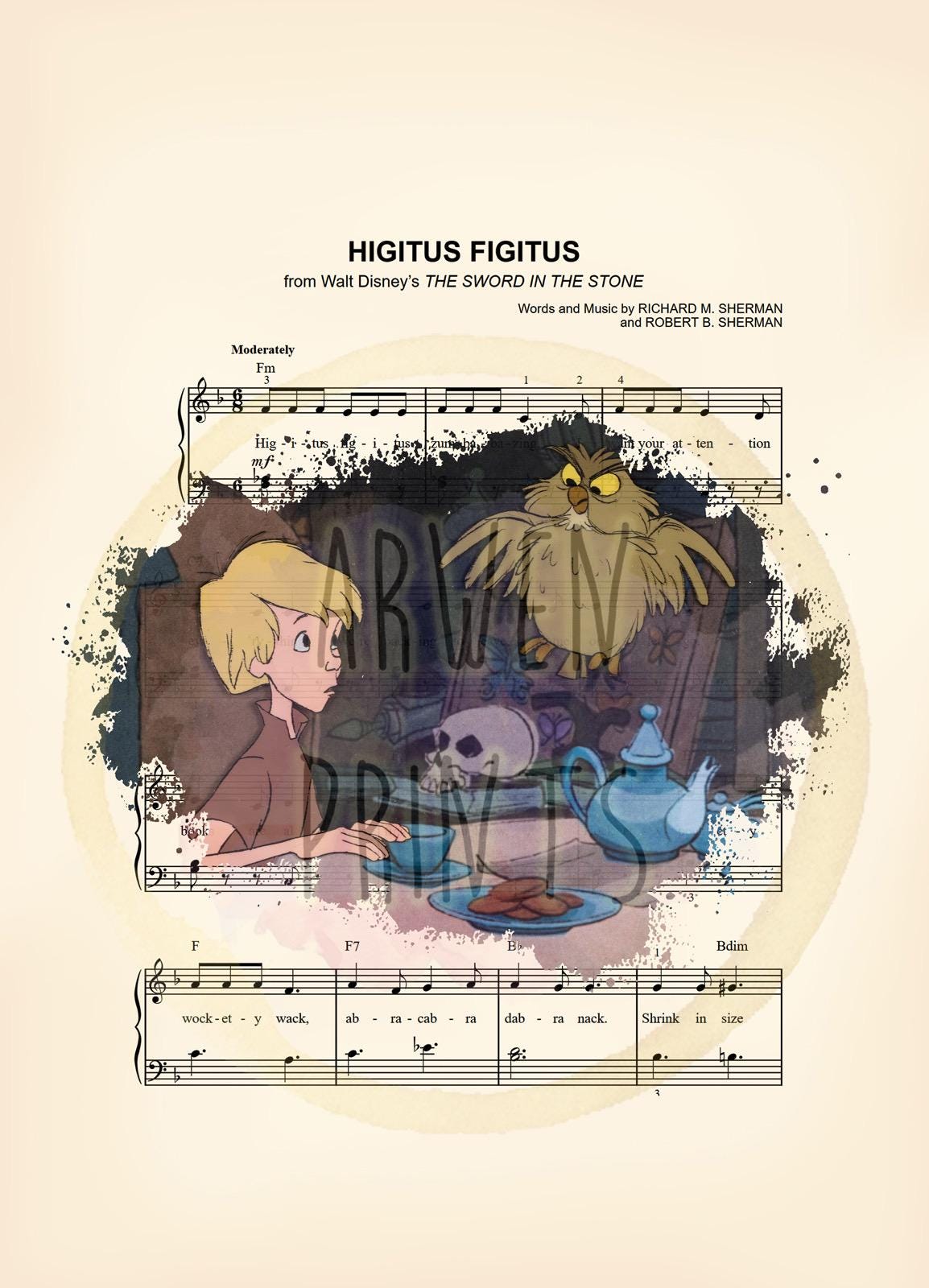Sword in the Stone Wart and Archimedes Higitus Figitus Sheet Music Art Print