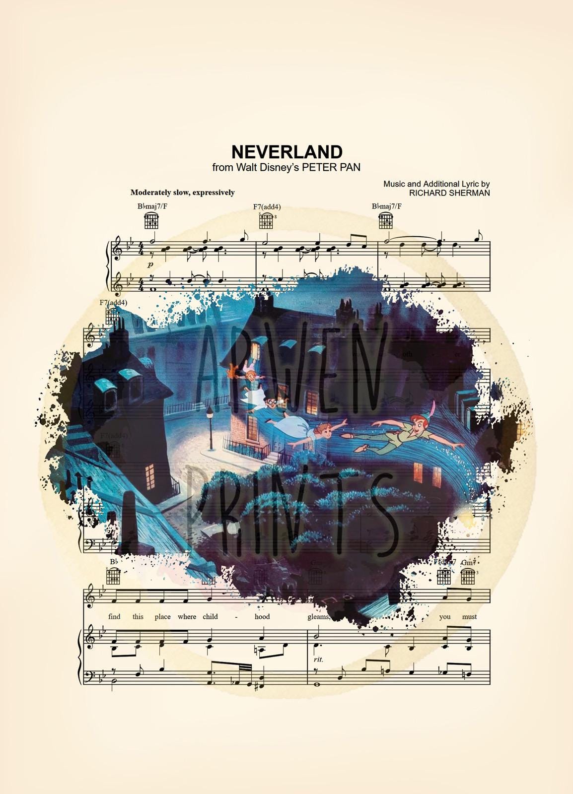 Peter Pan Flight Over City Neverland Sheet Music Art Print