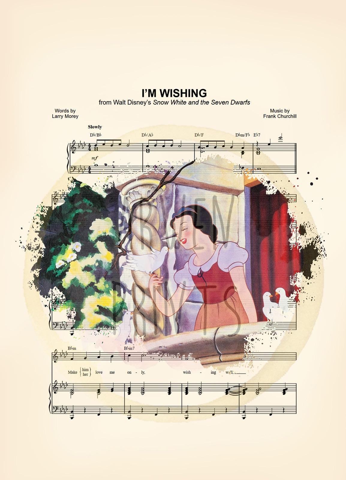Snow White Singing I’m Wishing Sheet Music Art Print