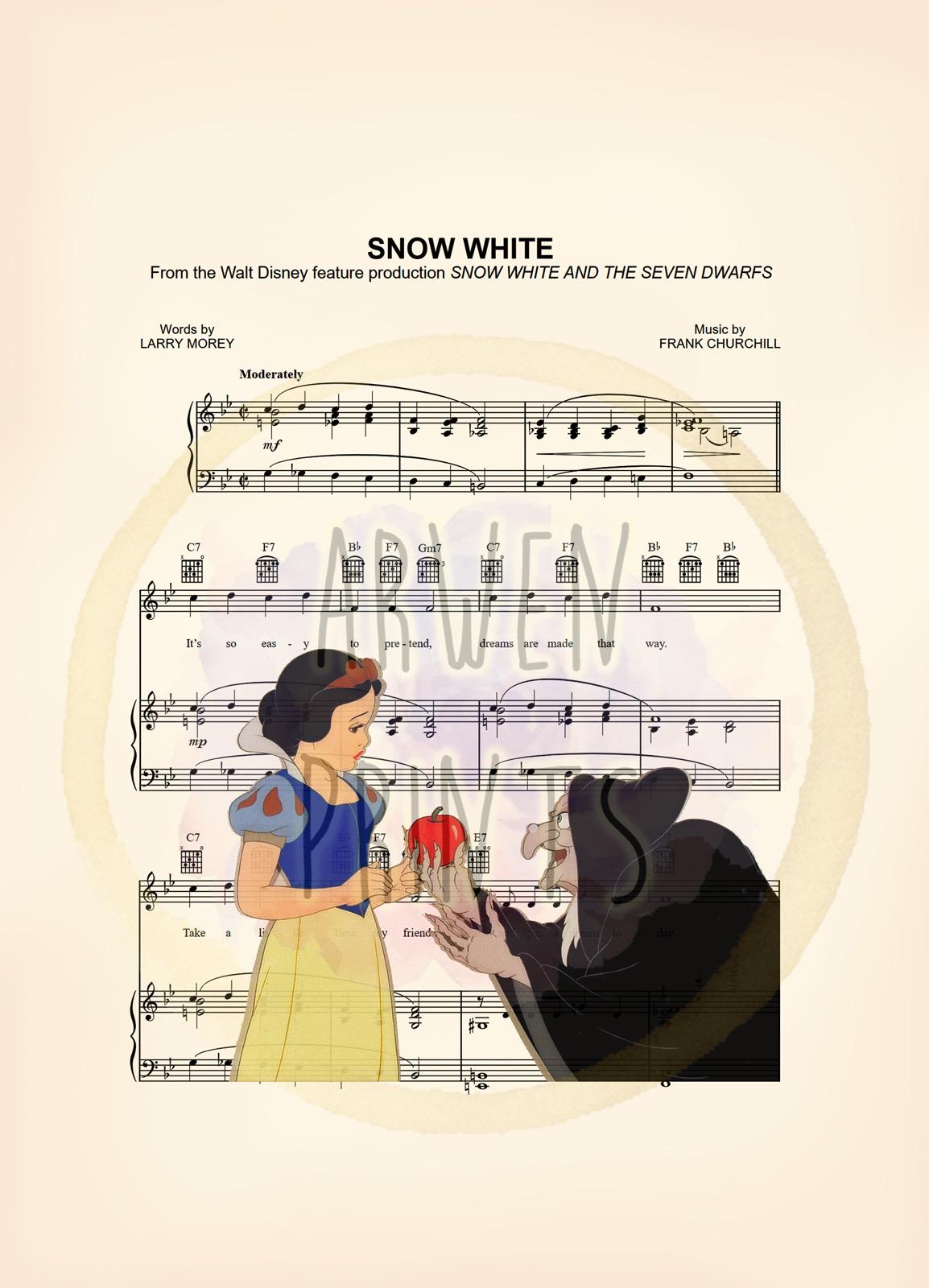 Snow White and the Evil Queen in Disguise with Red Apple Sheet Music Art Print