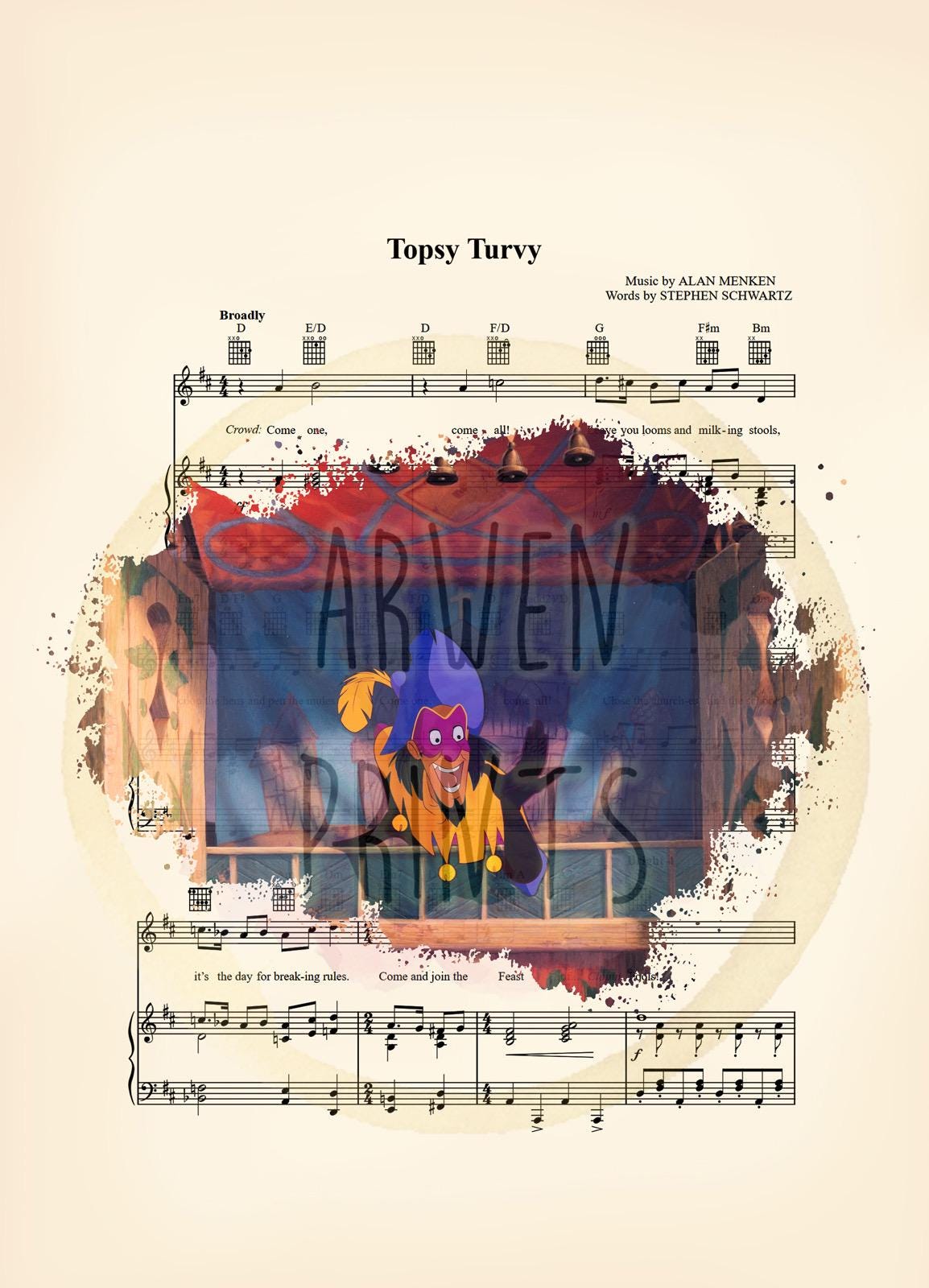 Hunchback Clopin in Booth Topsy Turvy Disney Sheet Music Art Print