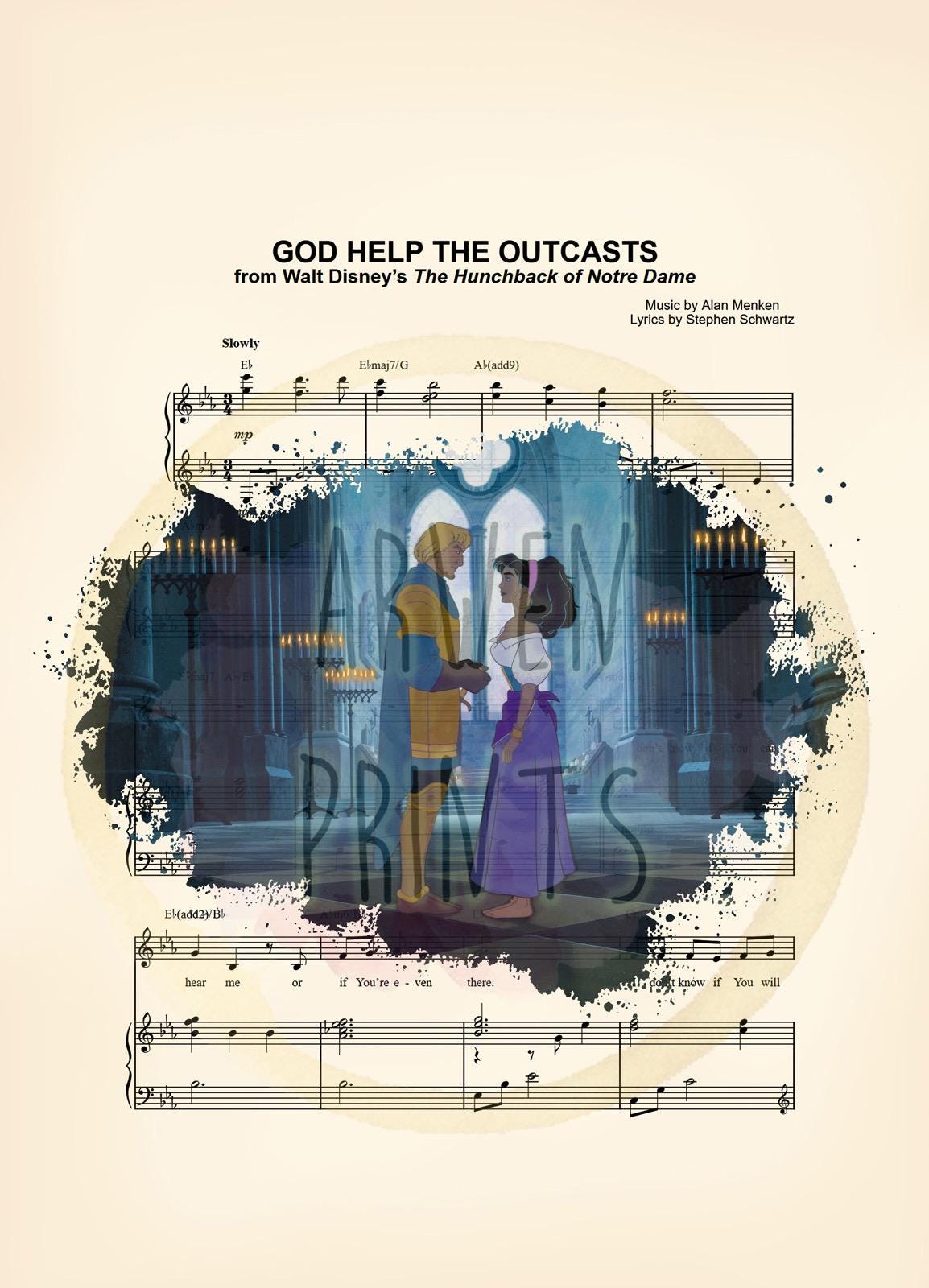 Hunchback of Notre Dame Esmeralda and Phoebus God Help the Outcasts Sheet Music Wall Art — Disney Gift for Music Lovers
