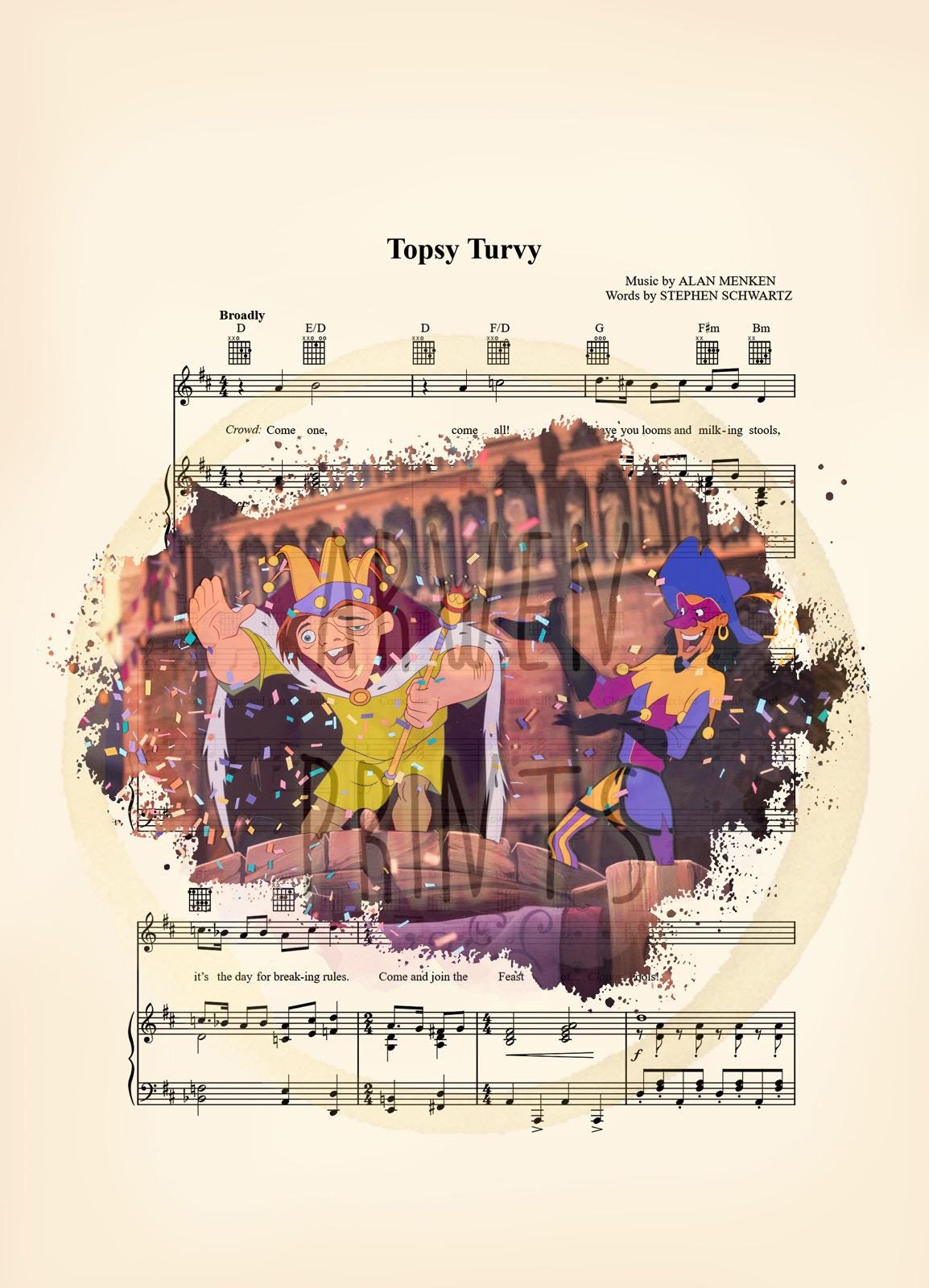 Hunchback King of Fools Topsy Turvy Disney Sheet Music Wall Art — Disney Gift for Music Lovers